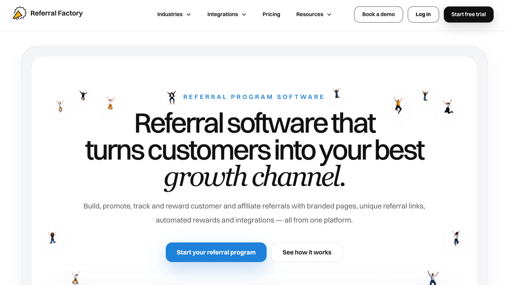 Screenshot of Referral Factory's homepage (referral software for small business)