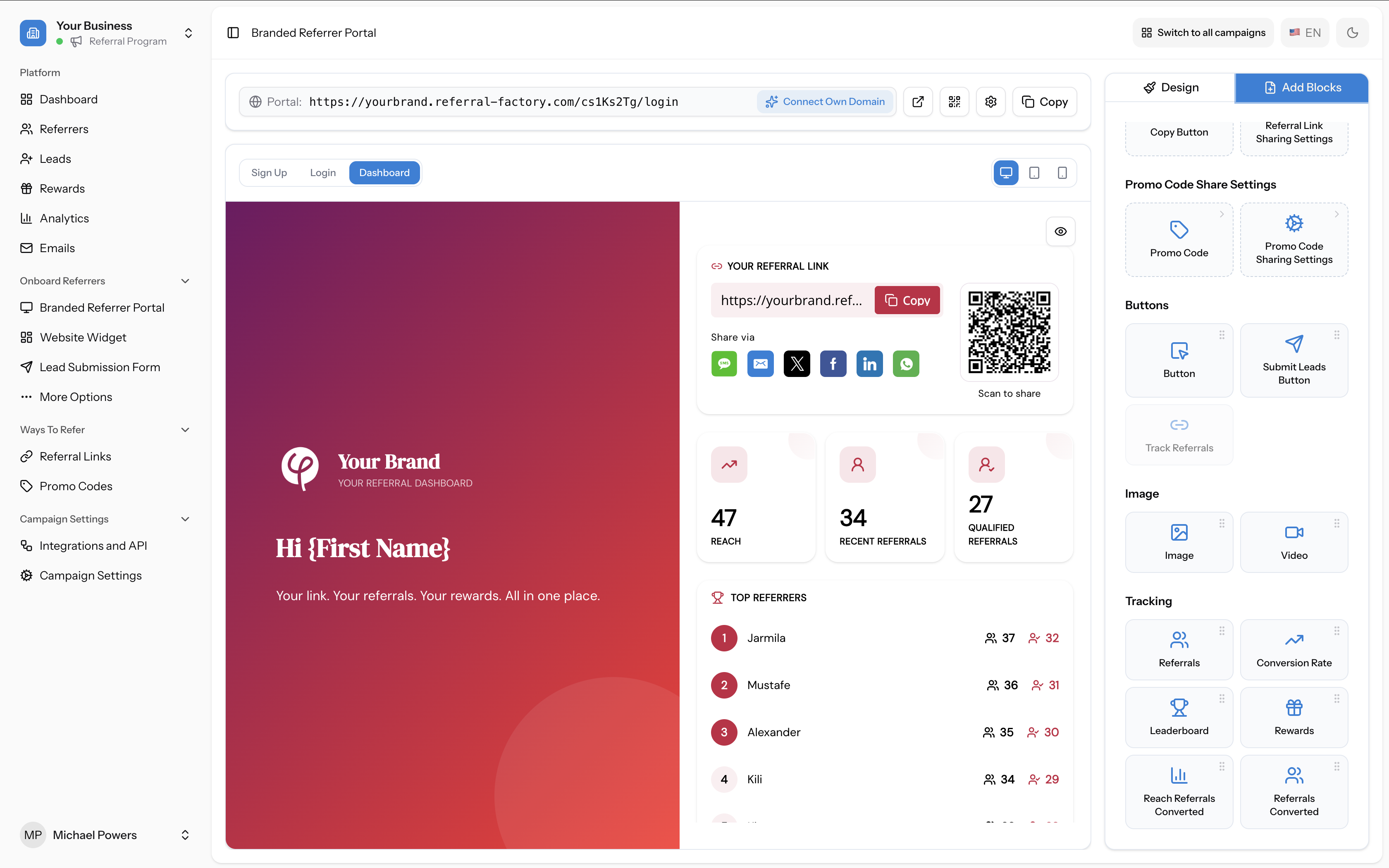 Referral Factory's branded referrer portal builder showing the referral link, share buttons, live stats and a Top Referrers leaderboard, built with no code.