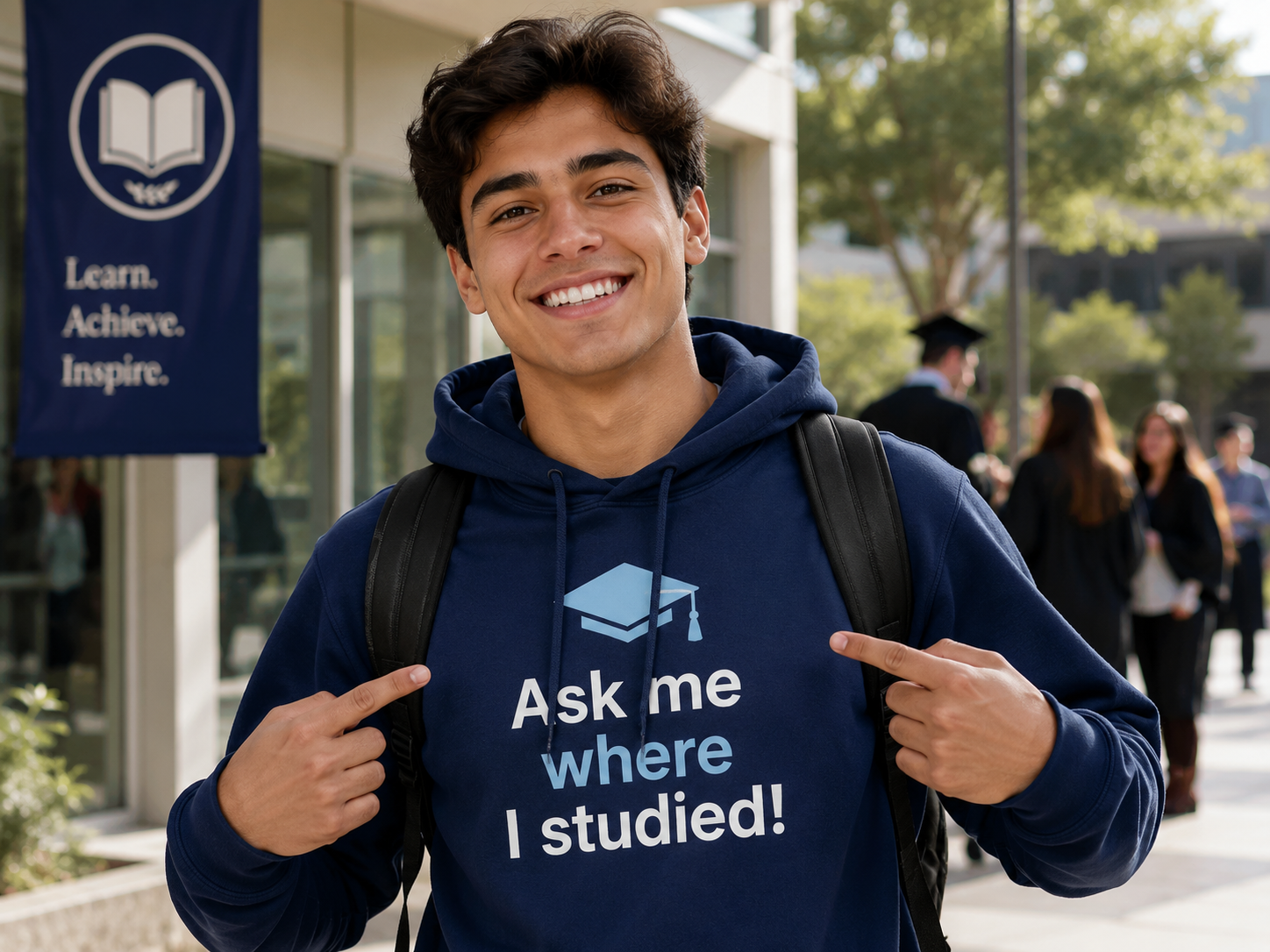 A smiling student wearing an “Ask me where I studied!” top on campus.