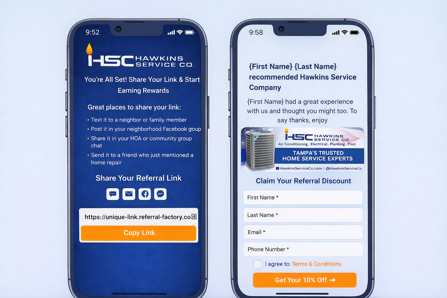 Hawkins Service Company referral program screenshot
