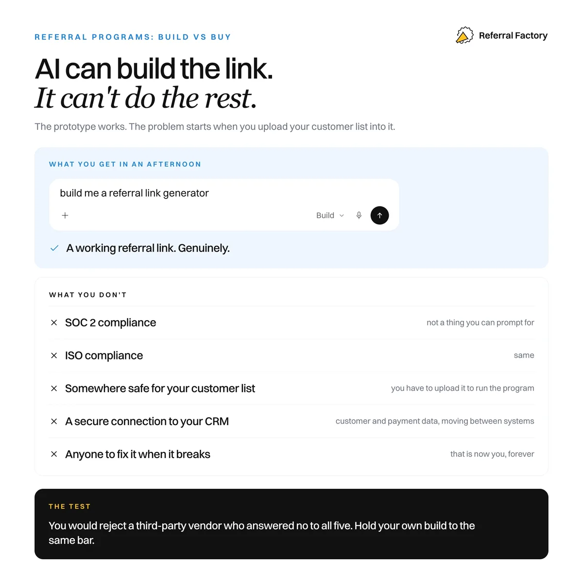 AI can build a referral link in an afternoon but not SOC 2 or ISO compliance, safe customer data storage, a secure CRM connection, or anyone to fix it when it breaks