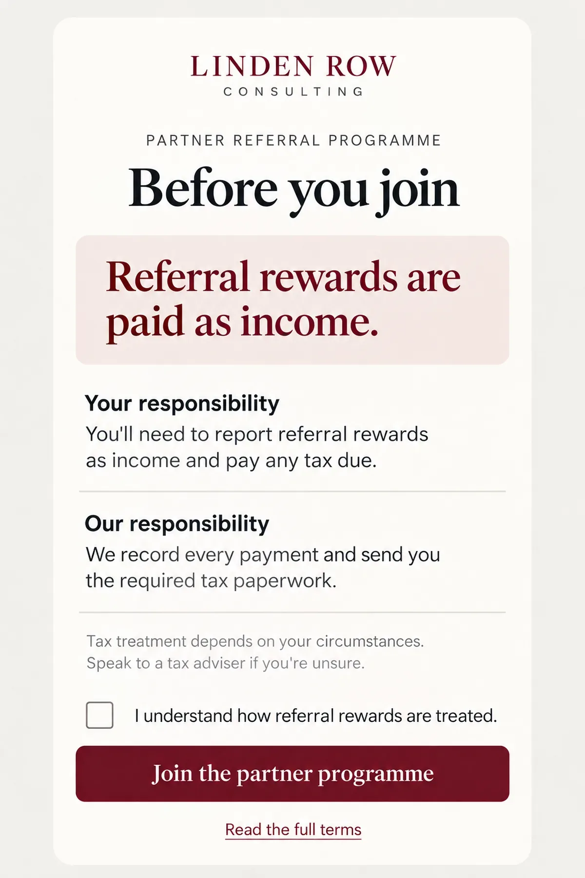 A partner referral sign-up page that states referral rewards are paid as income before anyone joins, separating the referrer's responsibility from the firm's.