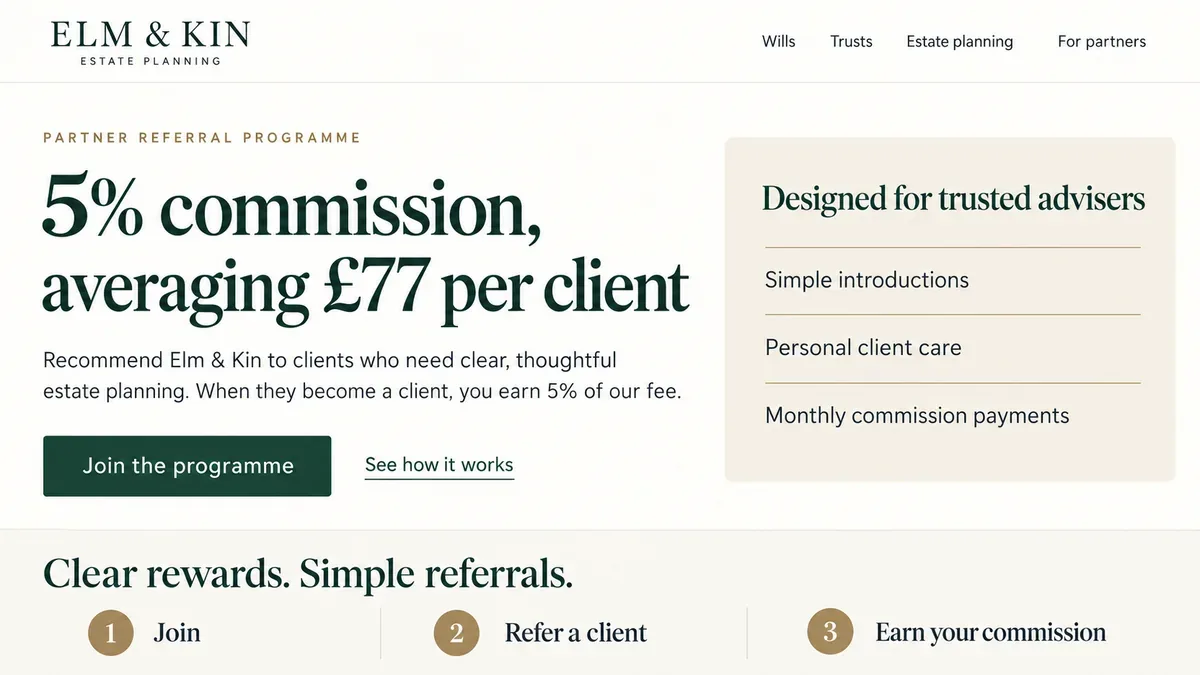 A percentage referral reward stated alongside what it typically comes to in money: 5% commission, averaging GBP 77 per client.