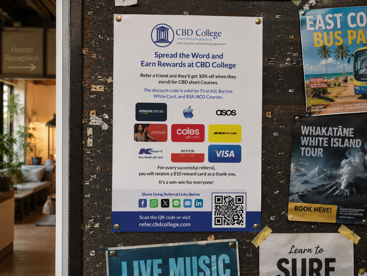 CBD College referral program poster displayed on a bulletin board inside an Australian backpacker hostel