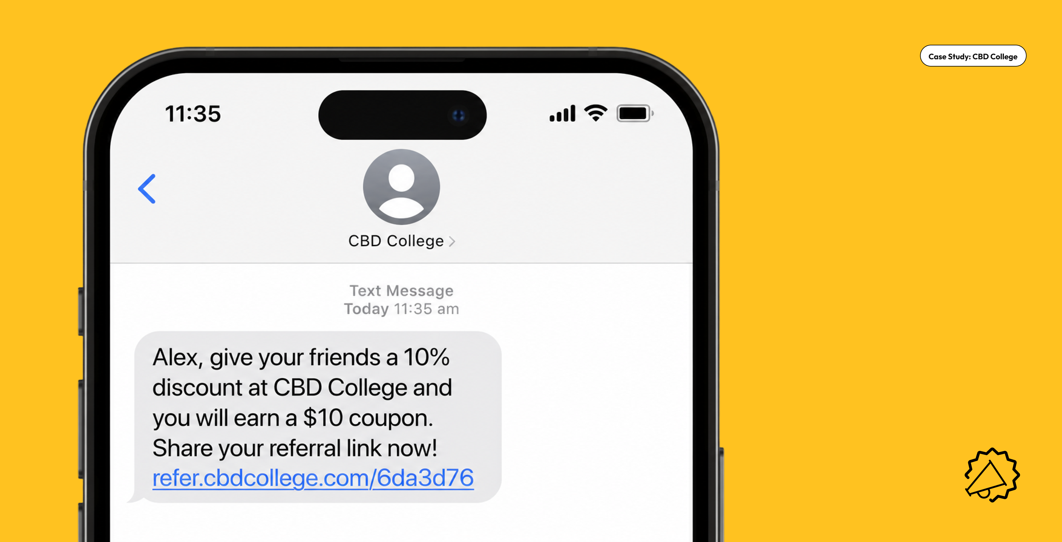 iPhone SMS mockup showing the automated referral message CBD College sends students after course completion