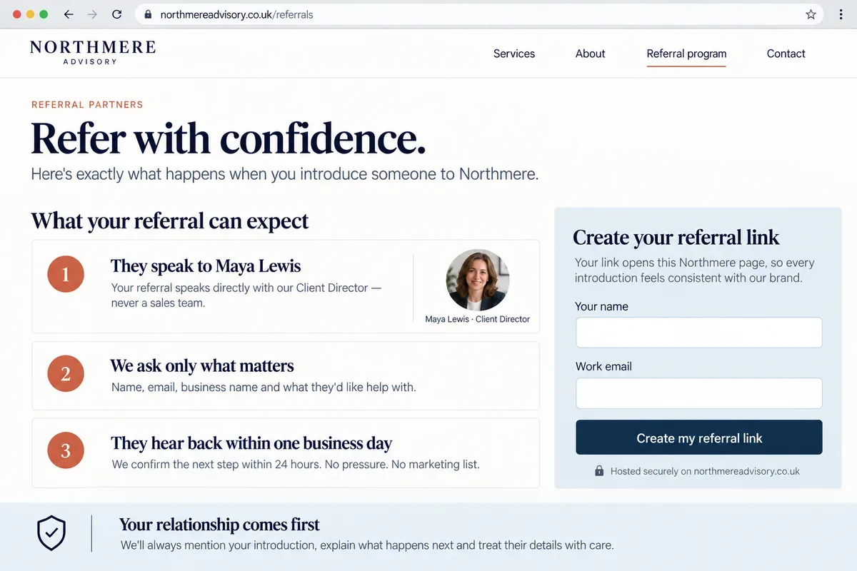 A referral page publishing exactly what happens after an introduction: who the person speaks to, what is asked for, and when they hear back.