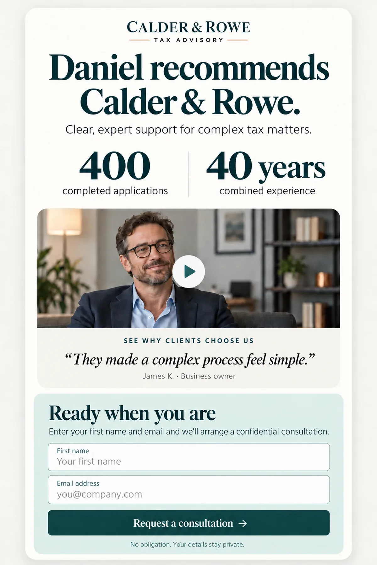 A page for a referred person leading with evidence, 400 completed applications and 40 years of experience, before it asks for an email address.