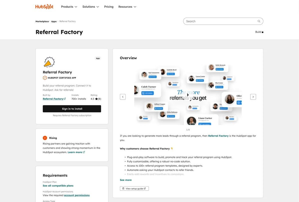 Referral Factory listed as a HubSpot Certified App on the HubSpot App Marketplace
