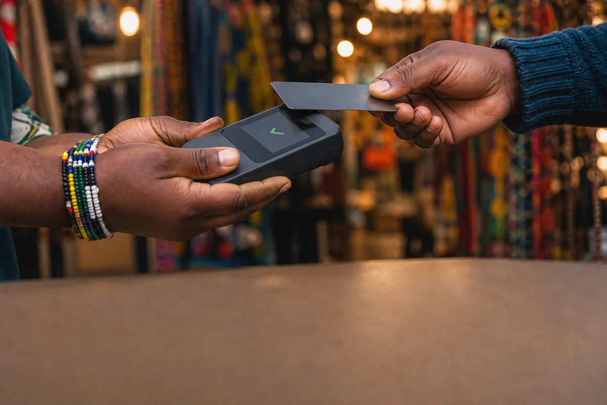 Two people completing a card payment on a mobile card reader at a market stall