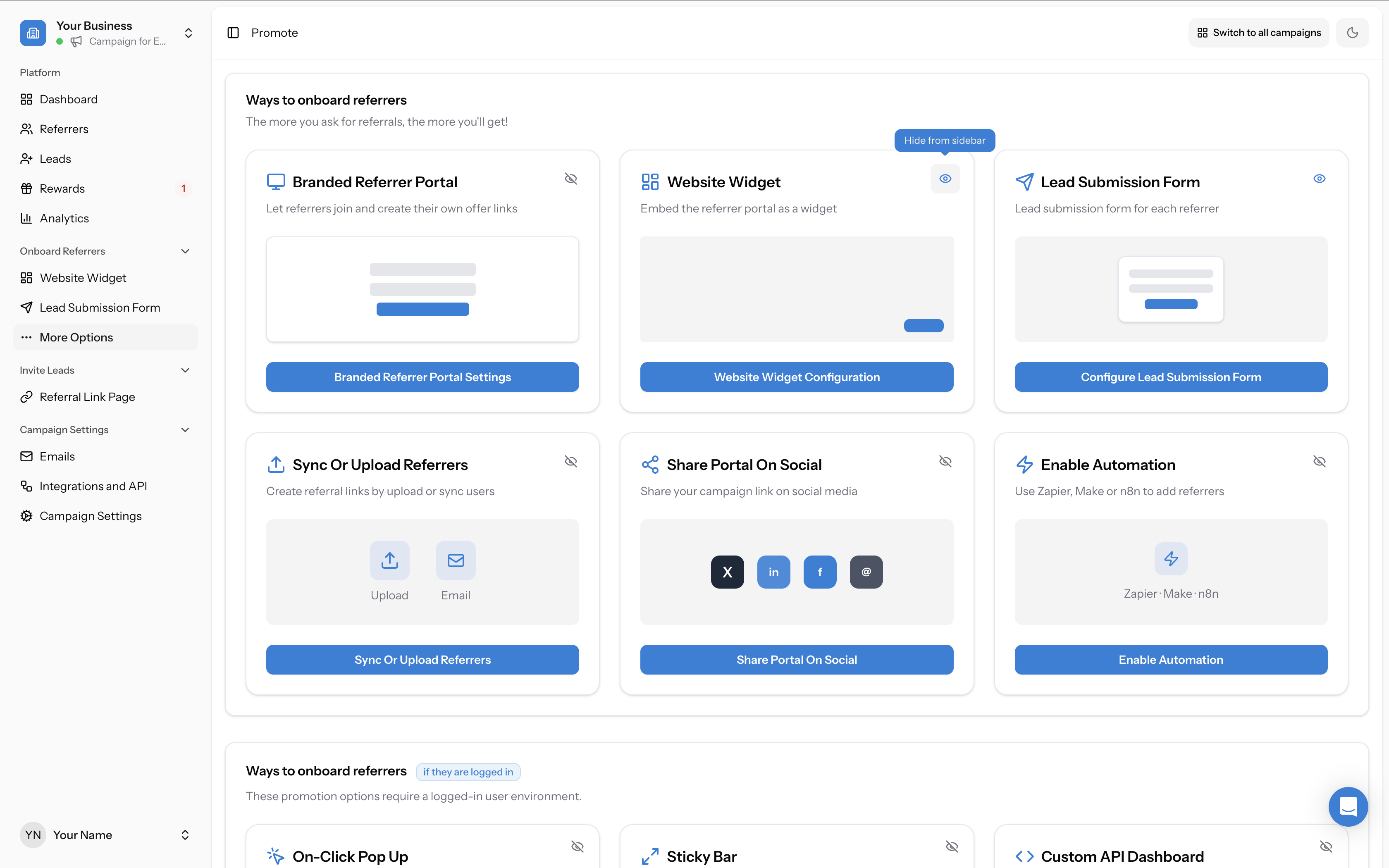 Screenshot showing Hiding a method from the sidebar