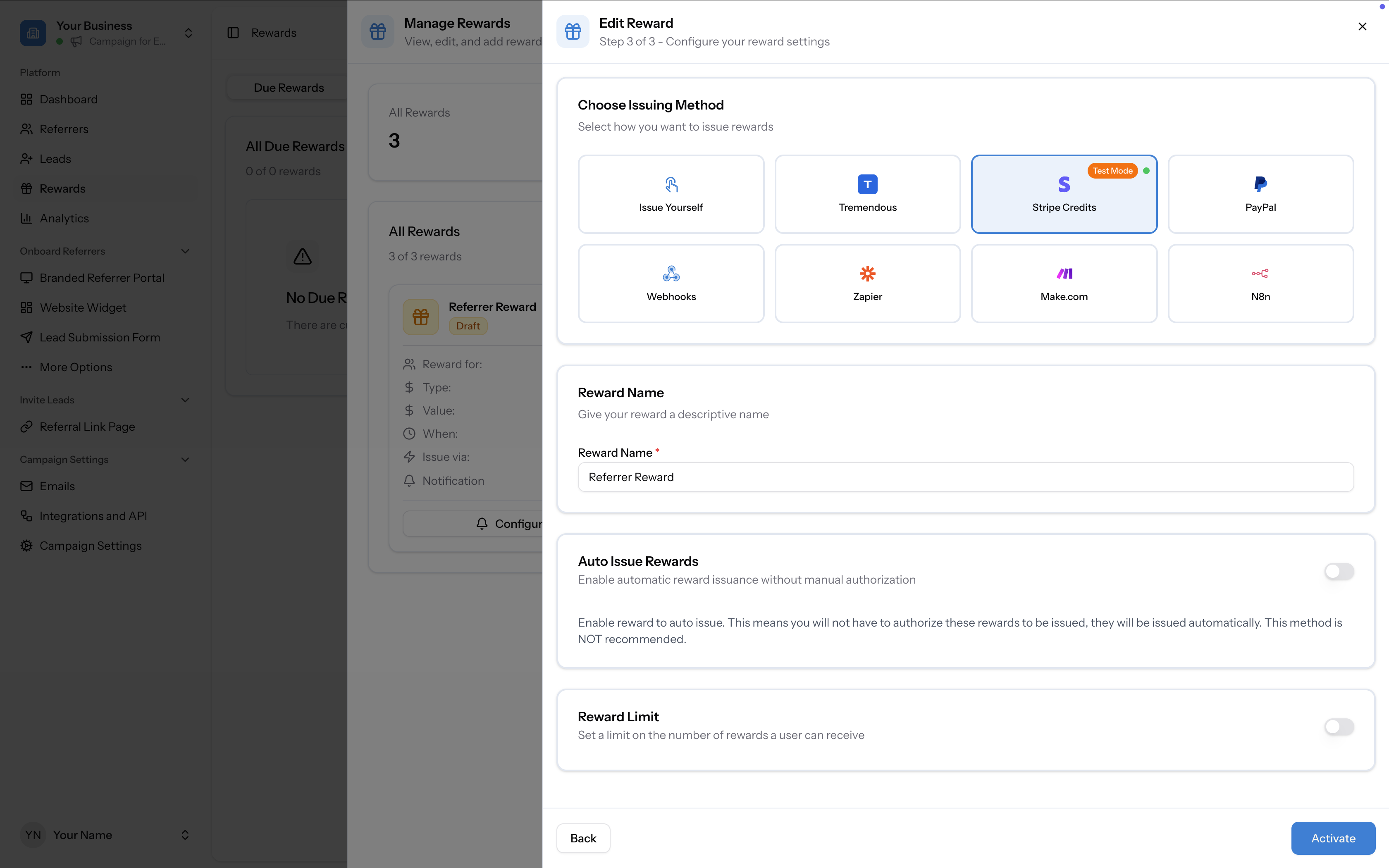 Due Rewards tab showing a pending reward with Stripe as the issuing method