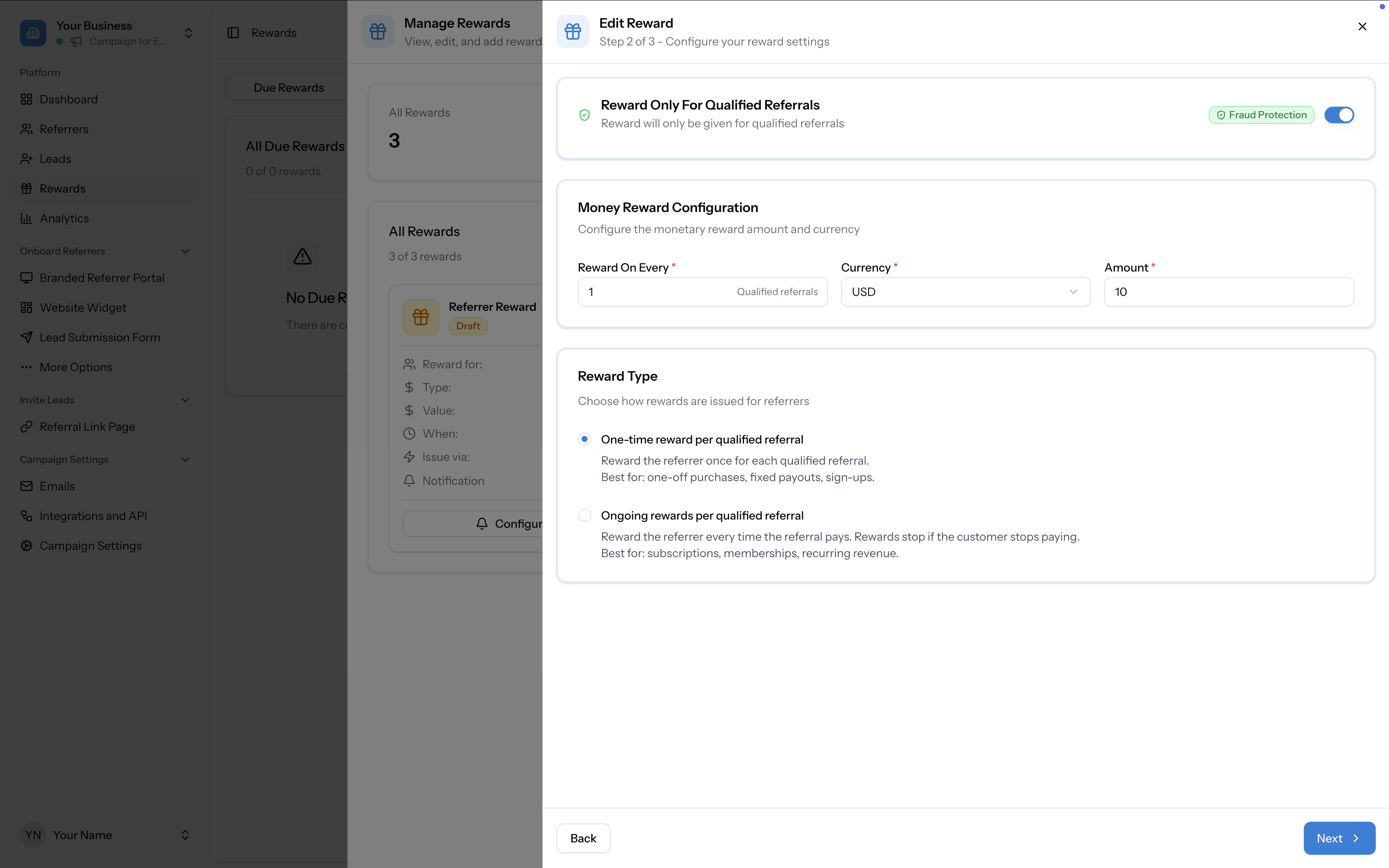Edit Reward Step 2 showing Reward On Every, Currency, Amount fields, and One-time vs Ongoing frequency options