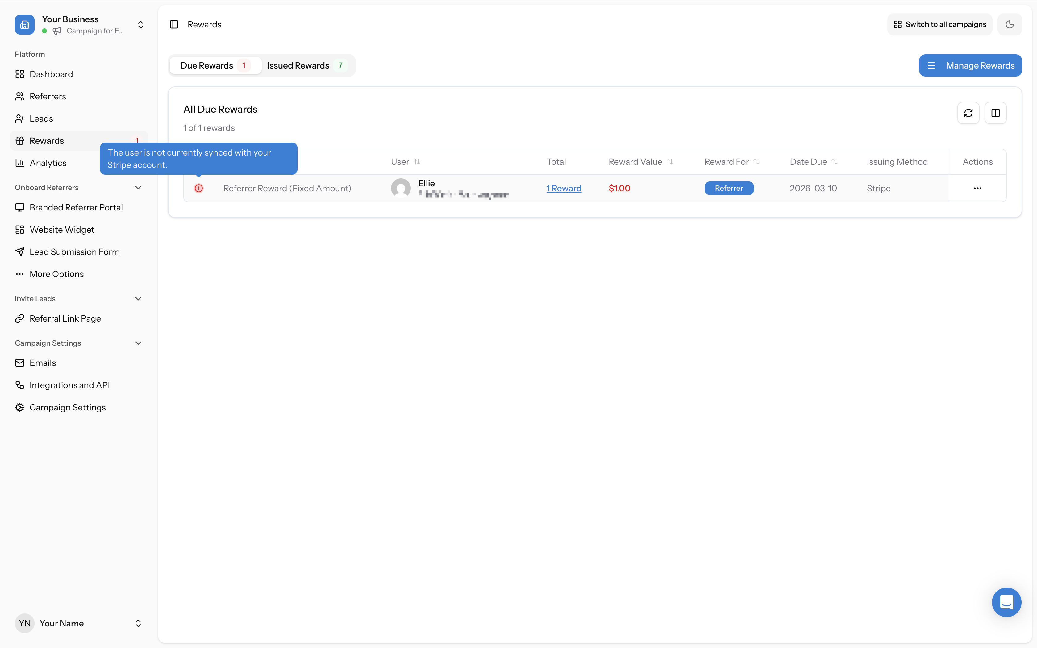 Rewards Due tab showing the "user is not currently synced" message]