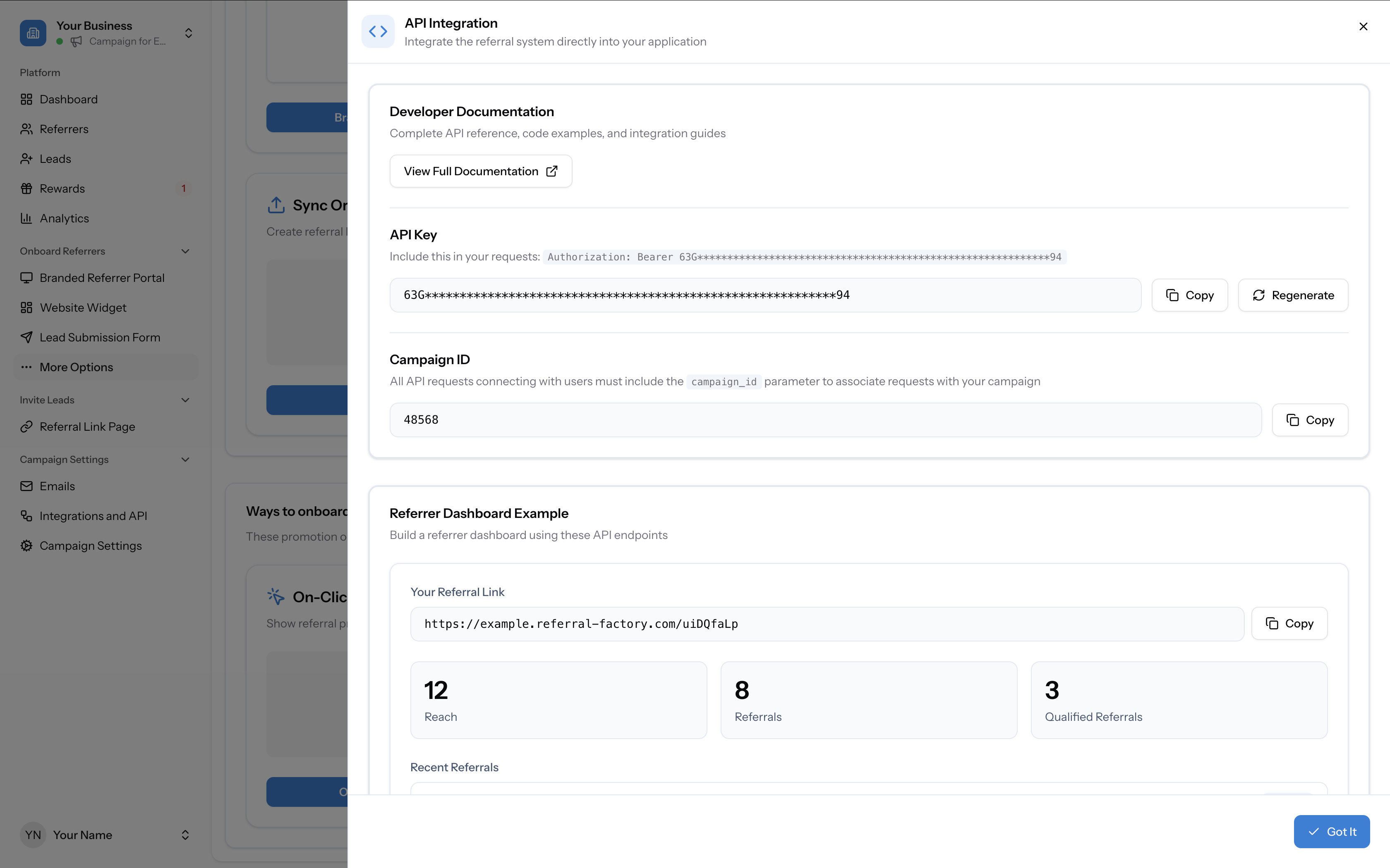 API Integration panel on the Promote page showing Campaign ID and API Key