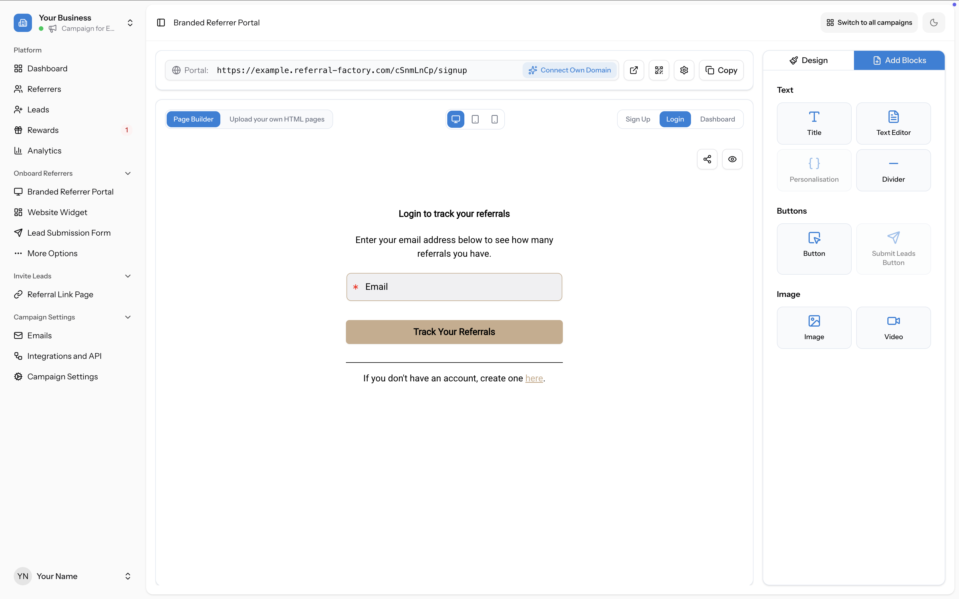 Portal builder interface showing the URL bar, page tabs (Sign Up, Login, Dashboard), device preview icons, and the canvas with right panel