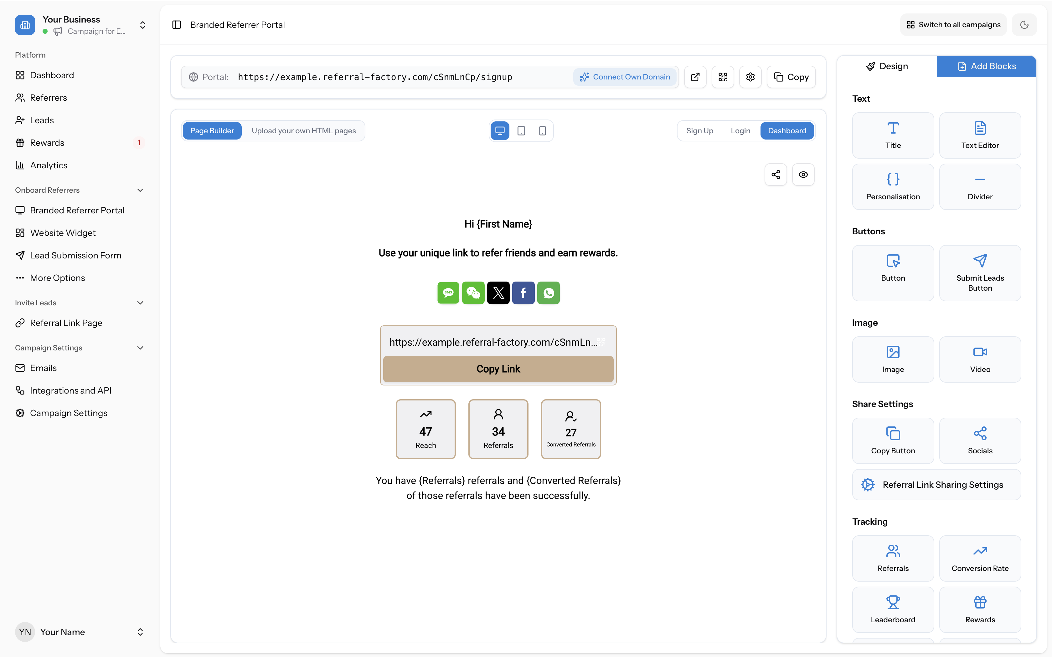Dashboard page in the builder showing the referral link, sharing icons, stats cards, and the Add Blocks panel with Share Settings and Tracking blocks