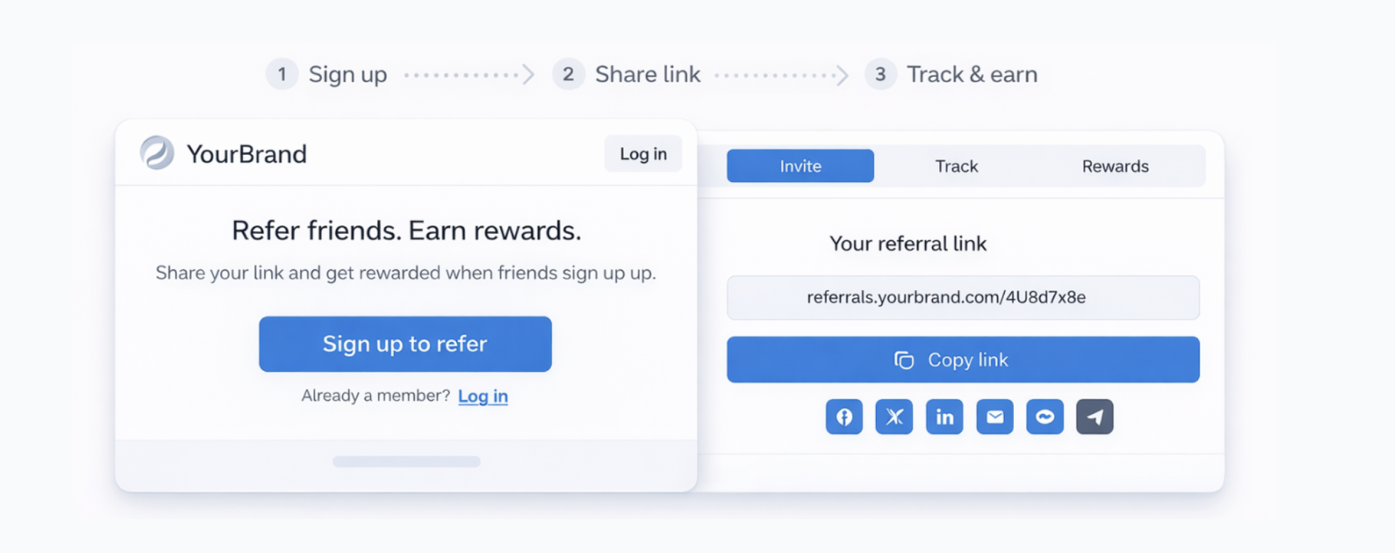 Branded Referrer Portal preview panel showing the 3-step flow (Sign up, Share link, Track &amp; earn)
