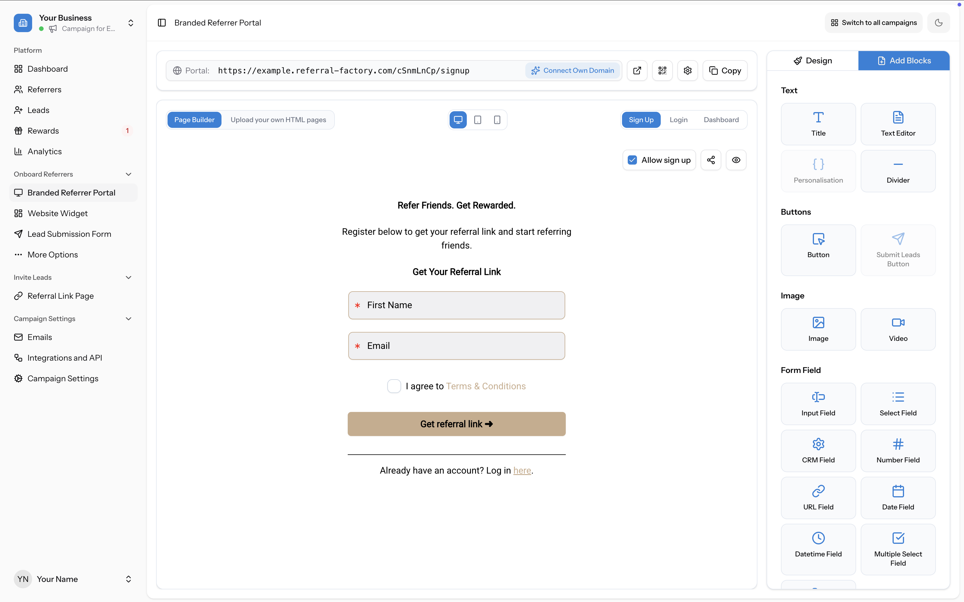 Sign Up page in the builder showing the form fields, "Allow sign up" checkbox, and the Add Blocks panel with Form Field blocks