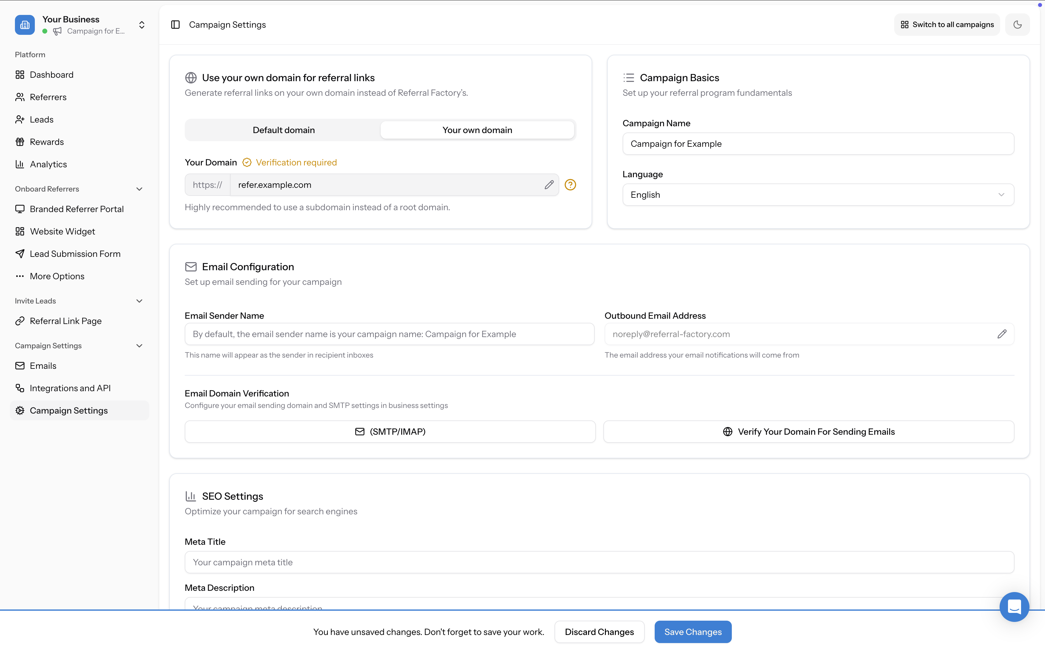 Campaign Settings showing "Use your own domain for referral links" with the "Your own domain" tab selected