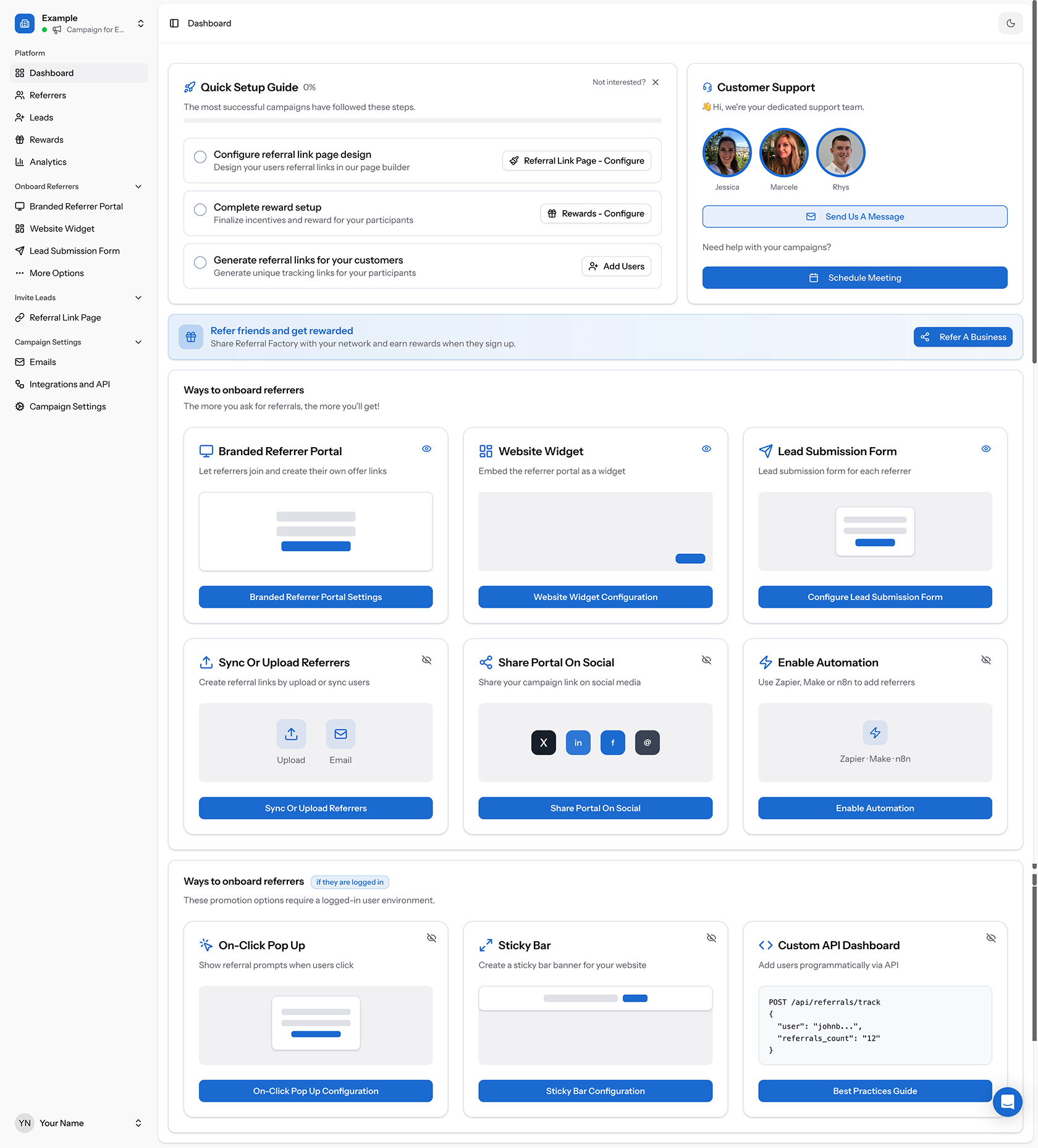 Dashboard showing campaign name at top-left, Quick Setup Guide, Customer Support card, and promotion method cards