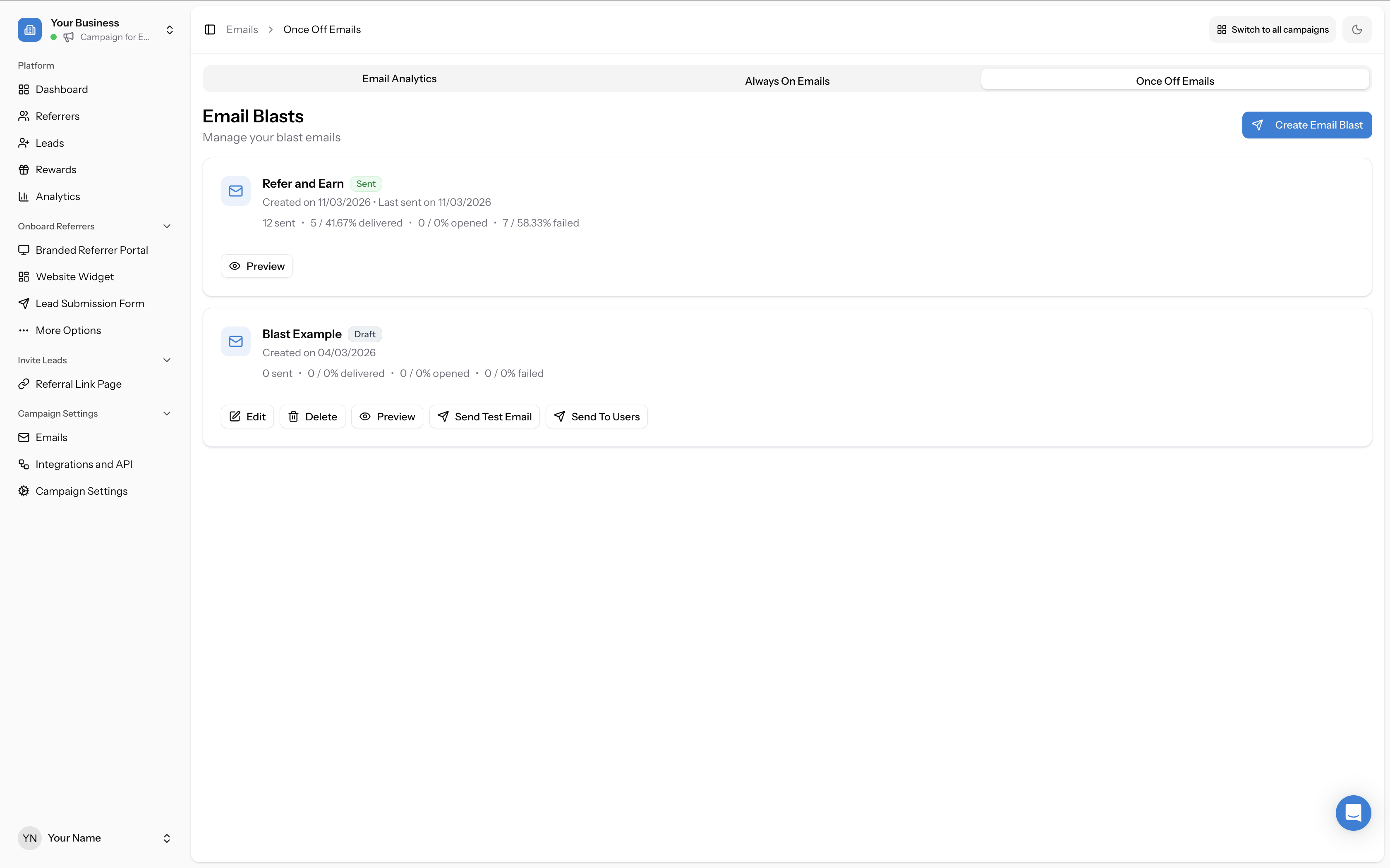 Once Off Emails tab showing the Email Blasts section and Create Email Blast button
