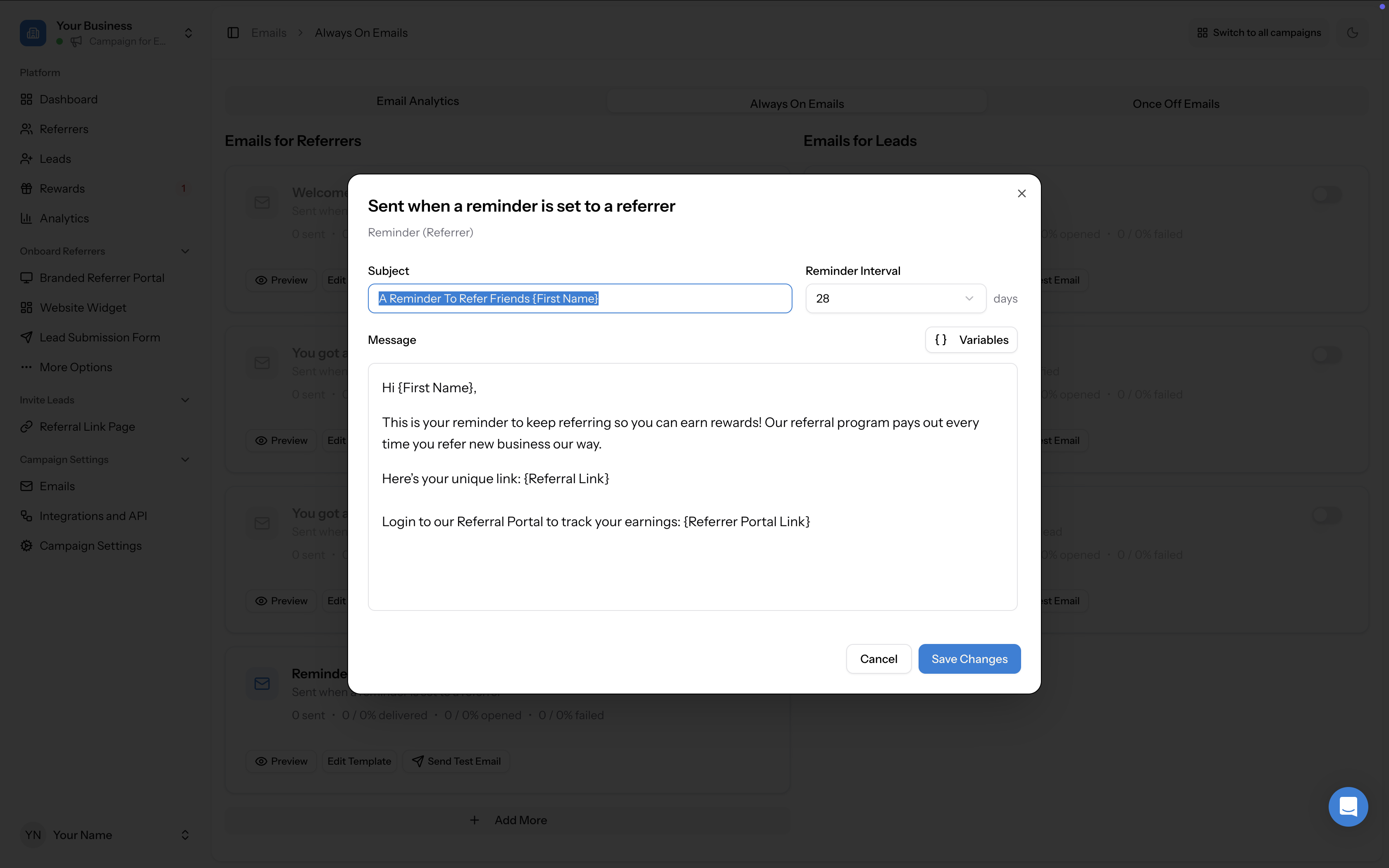 Email template editor showing Subject, Message body, and Variables button