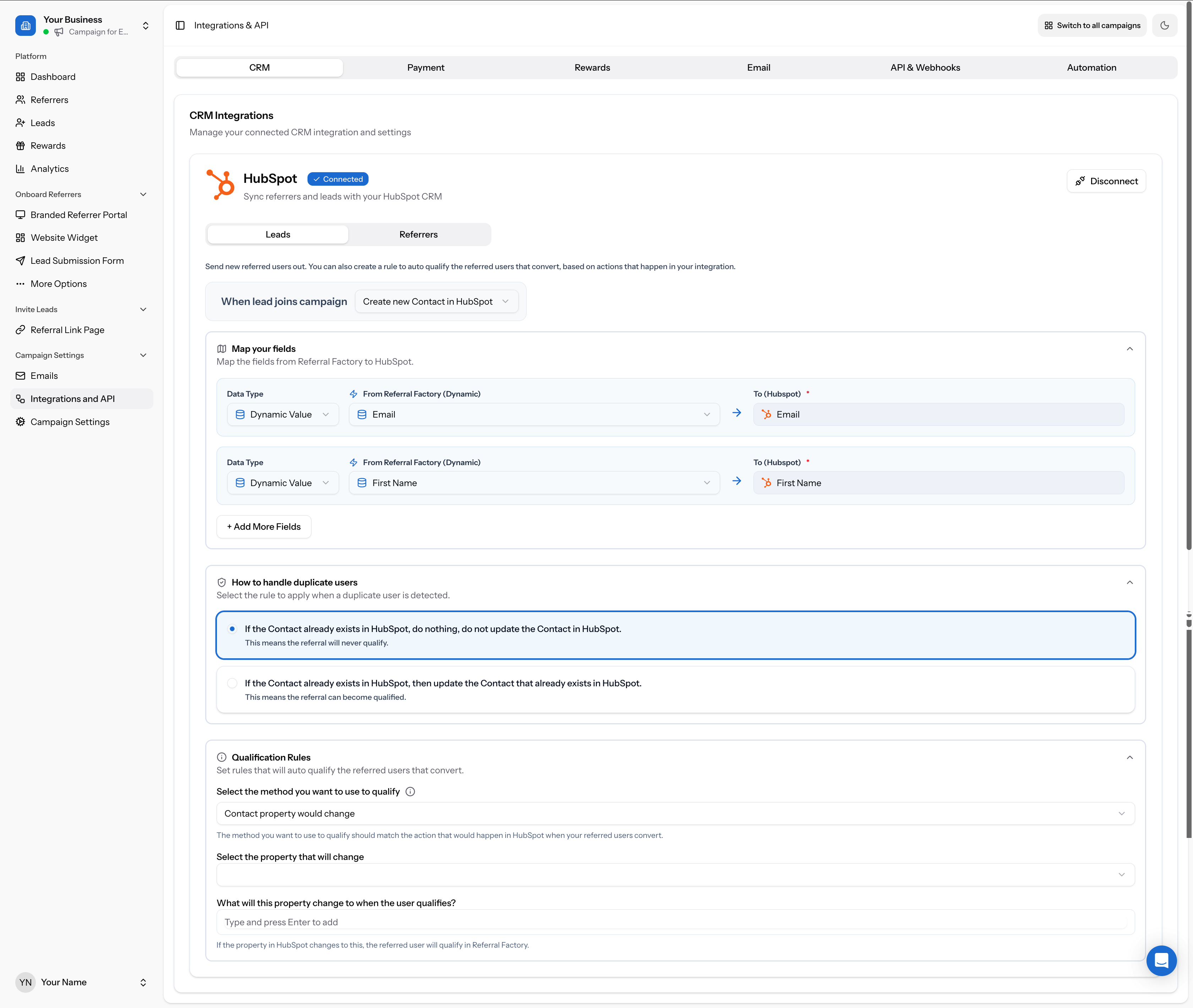 Qualification method set to "Contact property would change", showing "Select the property that will change" dropdown below
