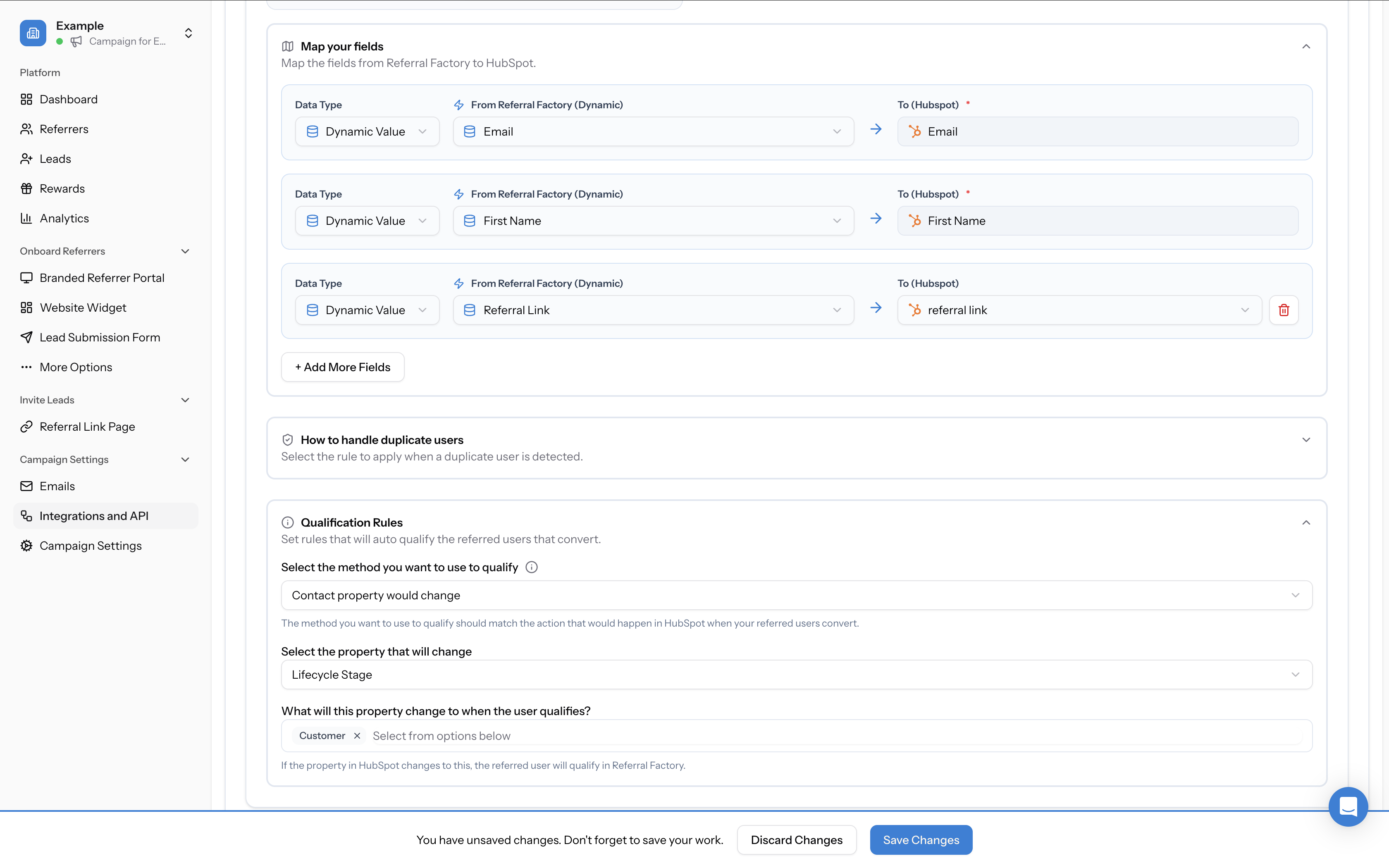 Full qualification rule configured — Contact property would change → Lifecycle Stage → Customer, with explanatory text