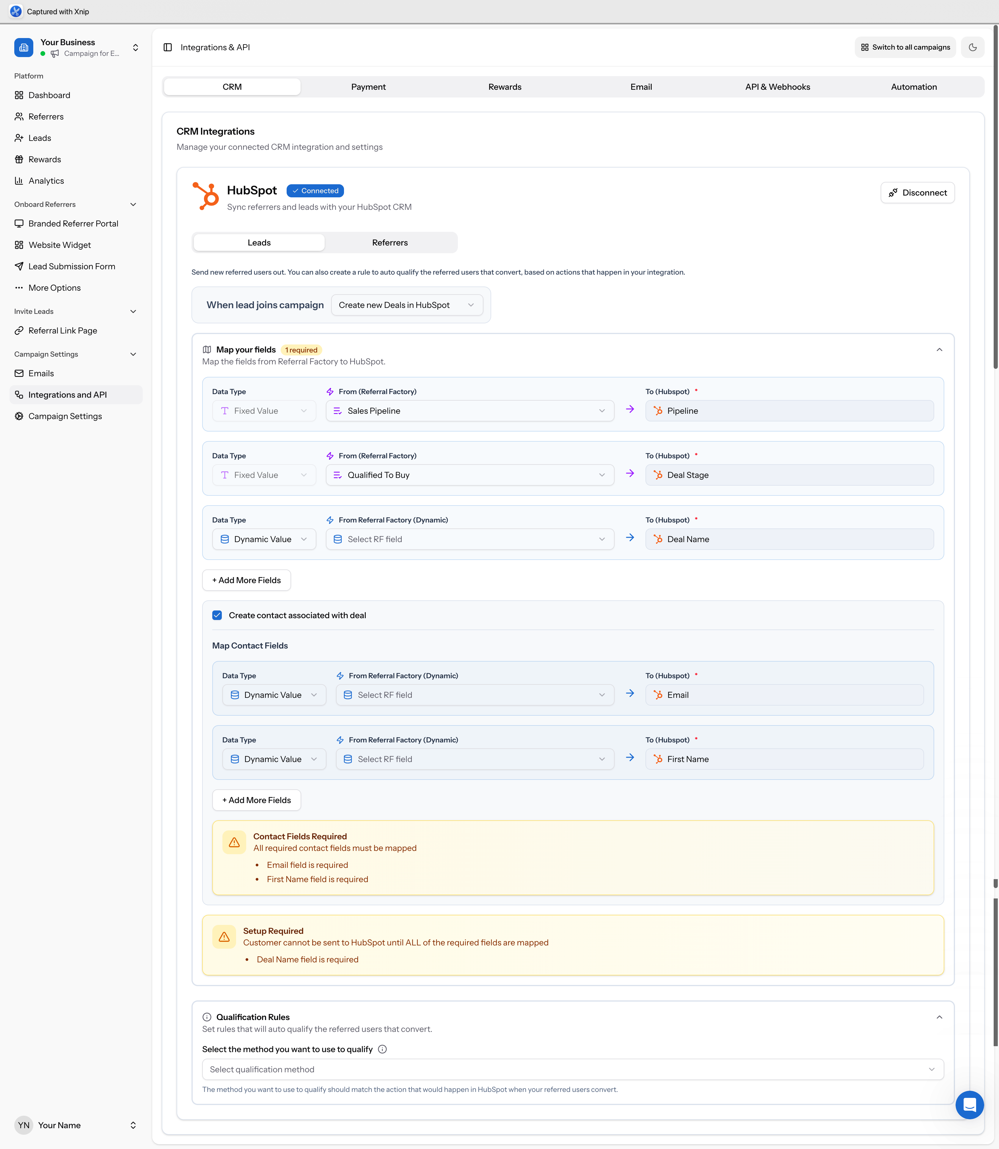 Deals field mapping showing Pipeline, Deal Stage, and Deal Name as required fields