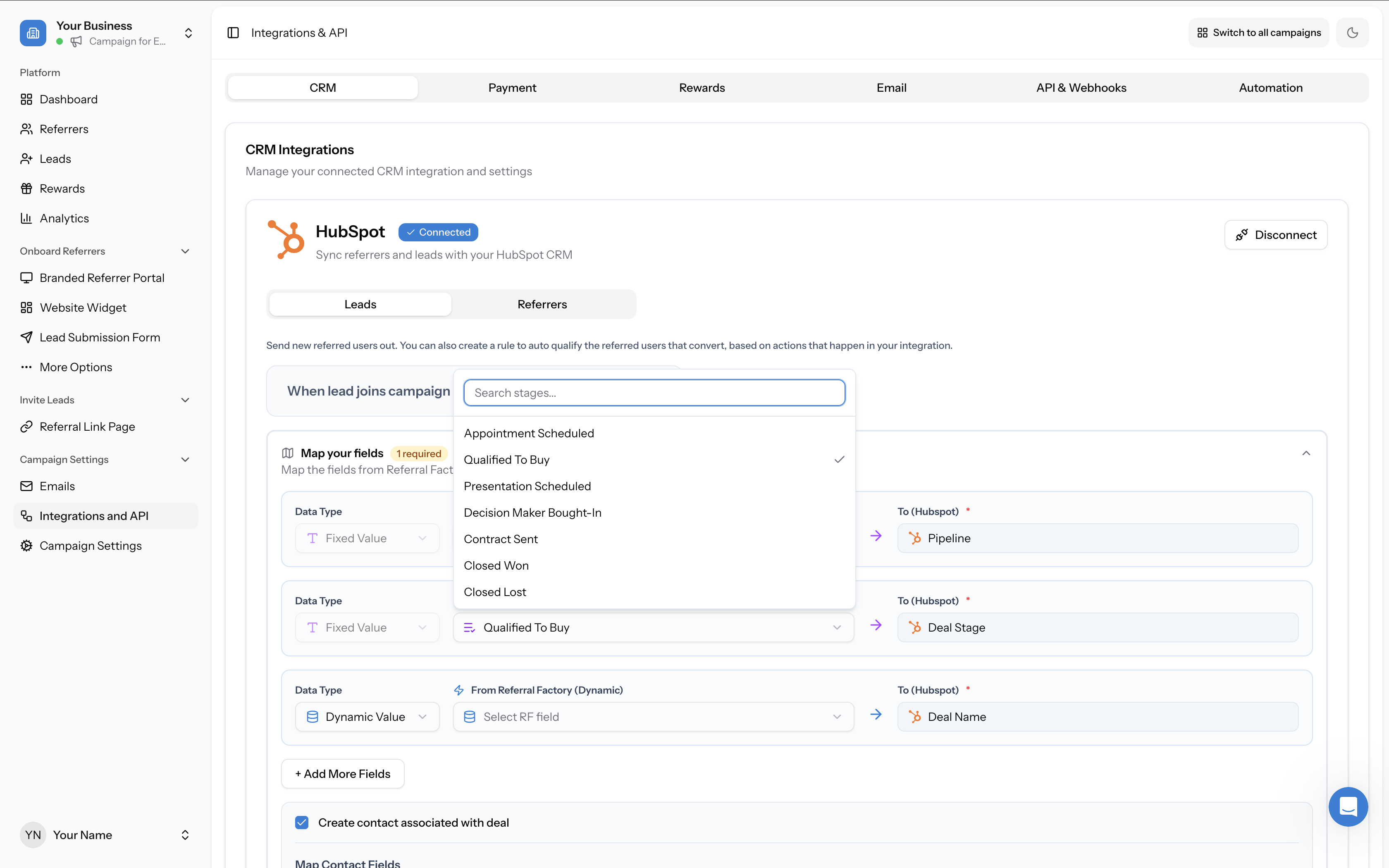 Deal stage dropdown showing HubSpot deal stages: Appointment Scheduled, Qualified To Buy, Presentation Scheduled, Decision Maker Bought-In, Contract Sent, Closed Won, Closed Lost