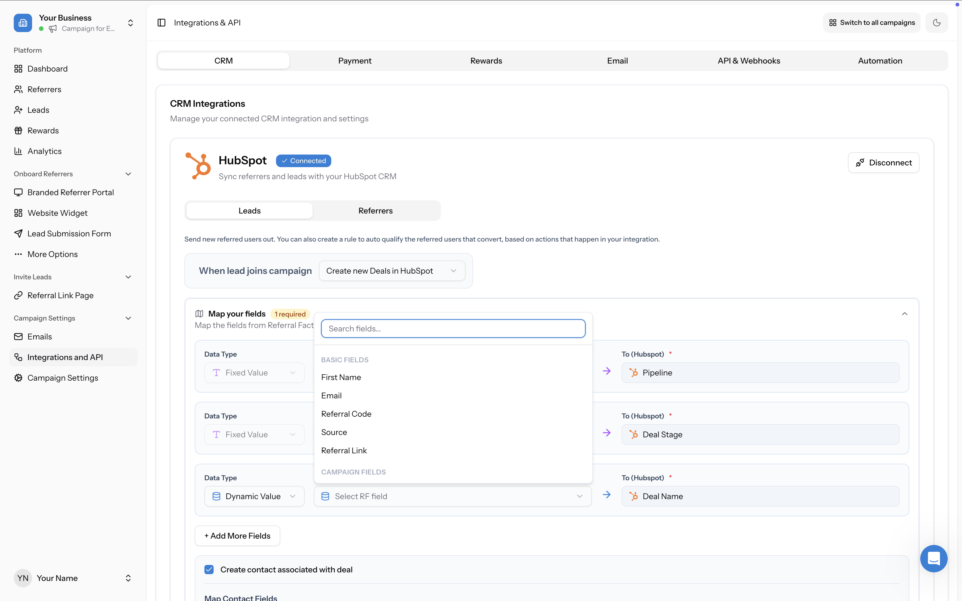RF field dropdown open showing Basic Fields, Campaign Fields, and Referrer Fields sections