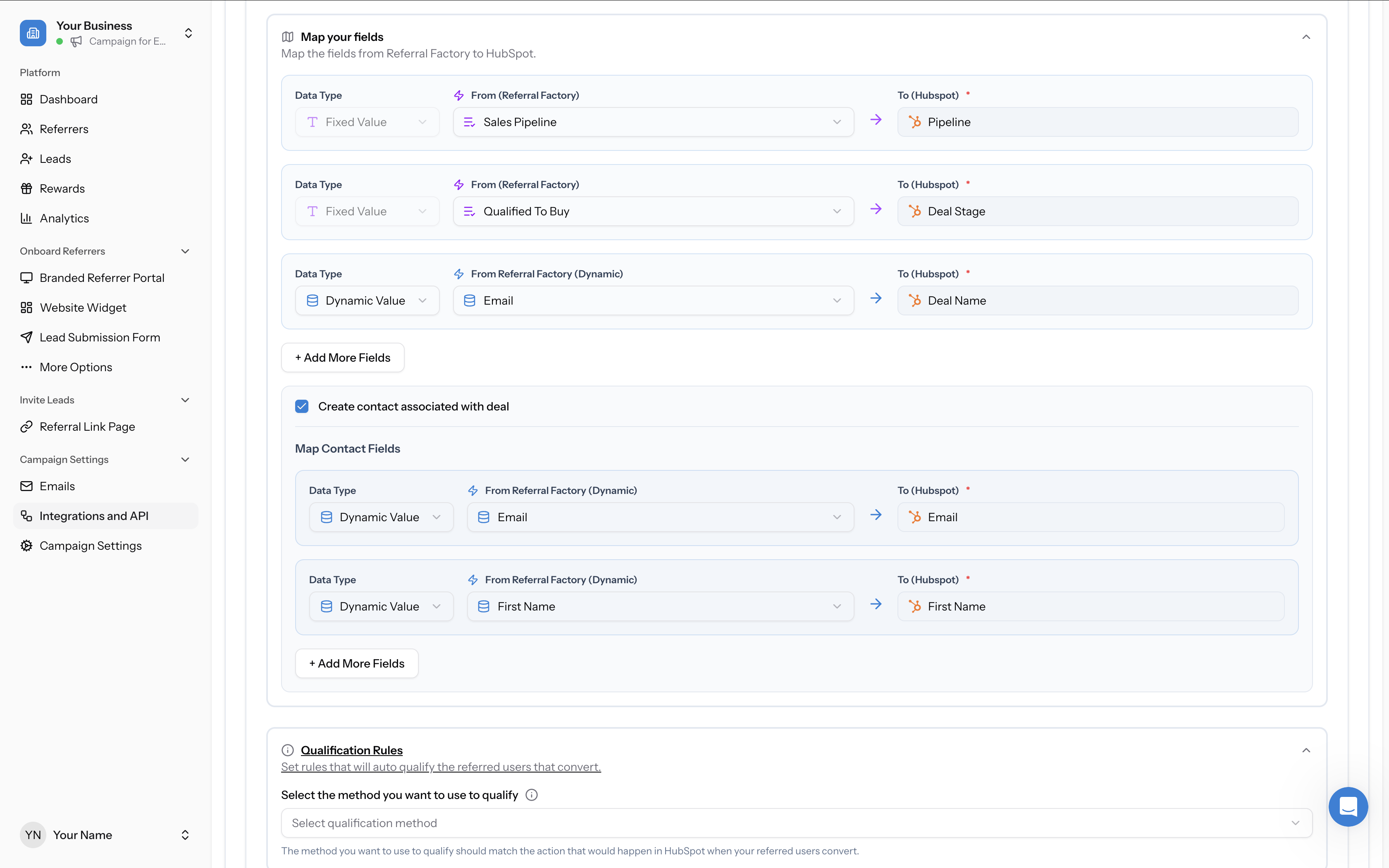 Create contact associated with deal checkbox enabled, with Map Contact Fields section showing Email → Email and First Name → First Name
