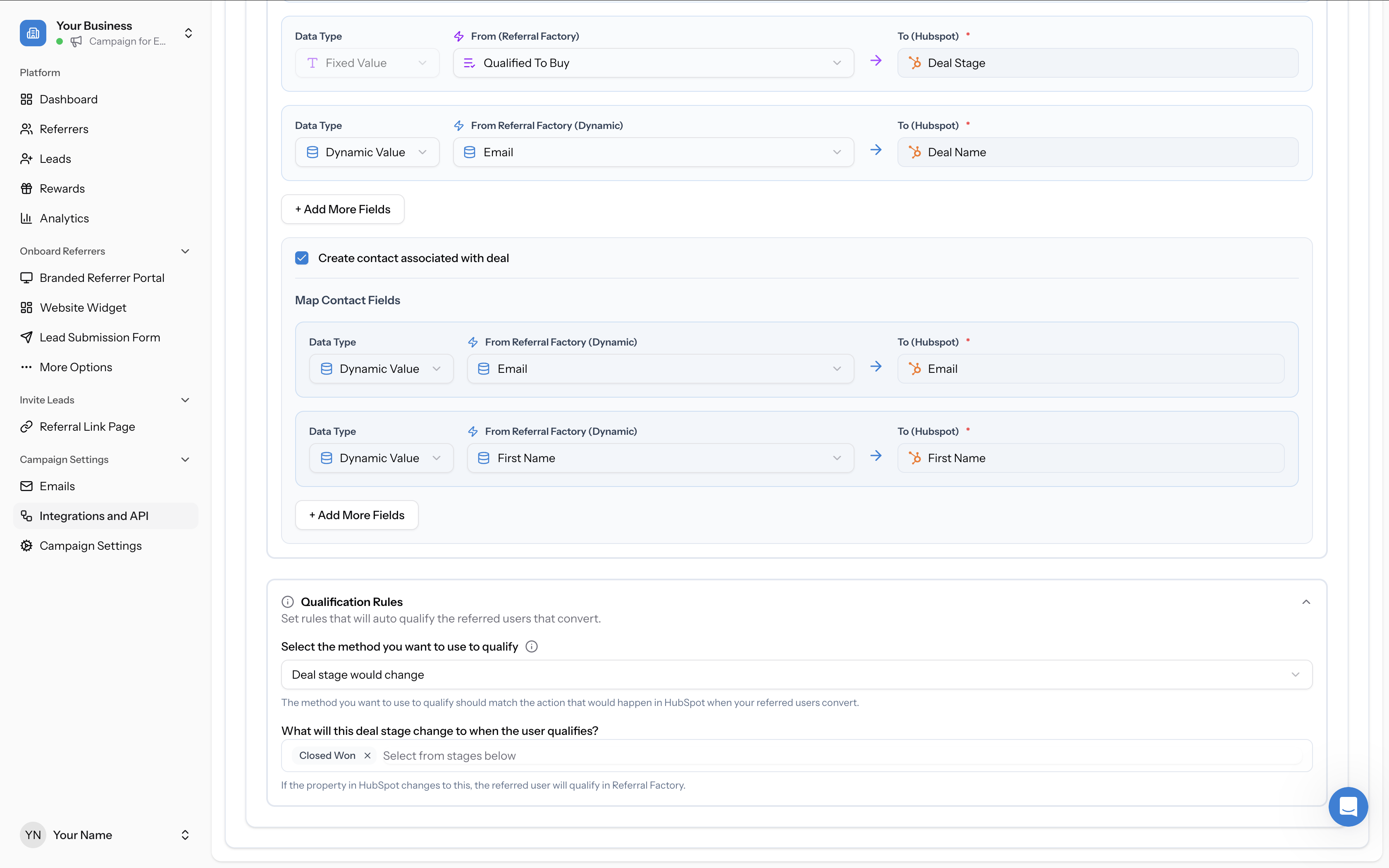 Qualification method set to "Deal stage would change" (note: screenshot also shows Closed Won value configured)
