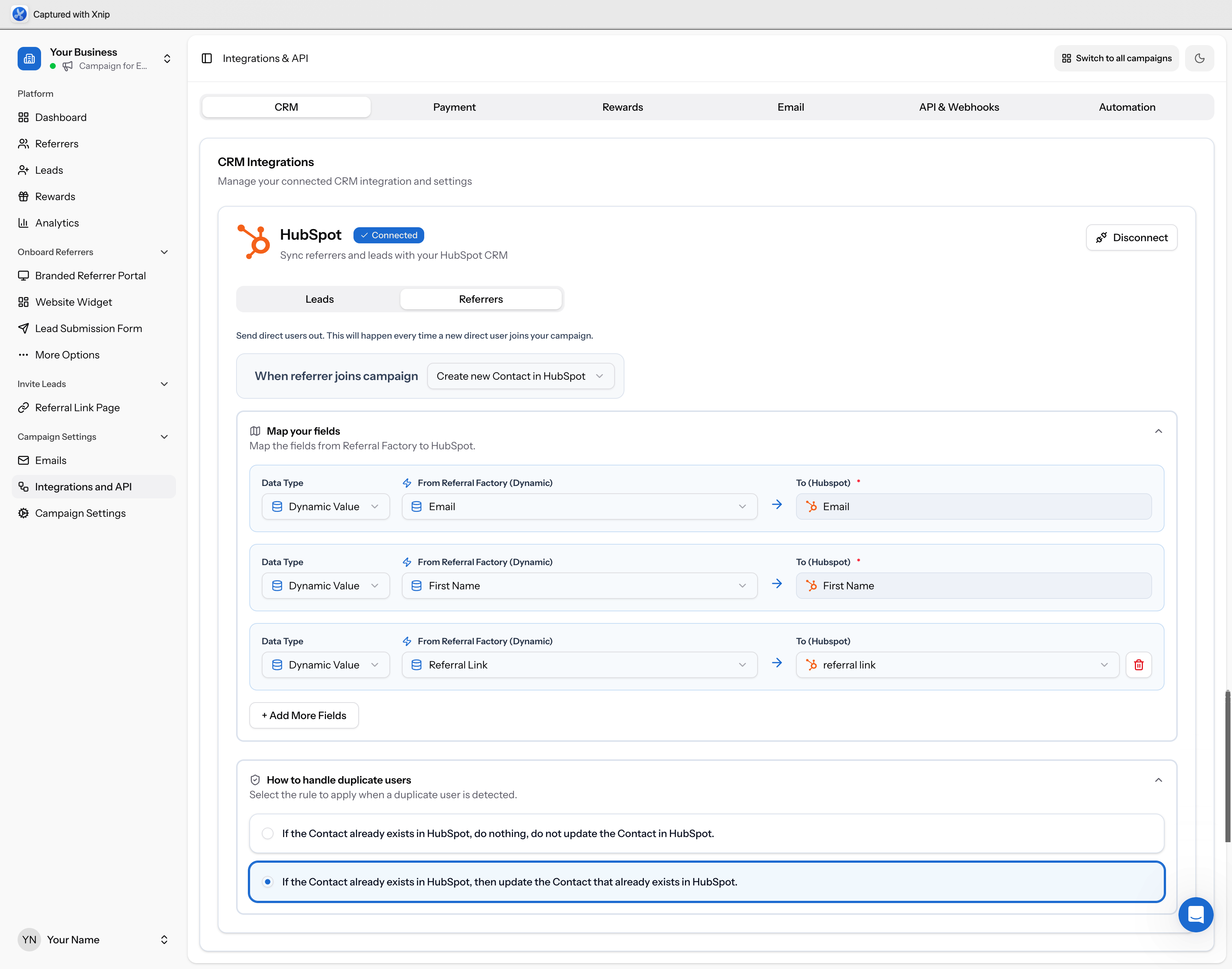 Referrers tab field mapping showing Email → Email, First Name → First Name, and Referral Link → referral link, with duplicate handling set to update existing contact