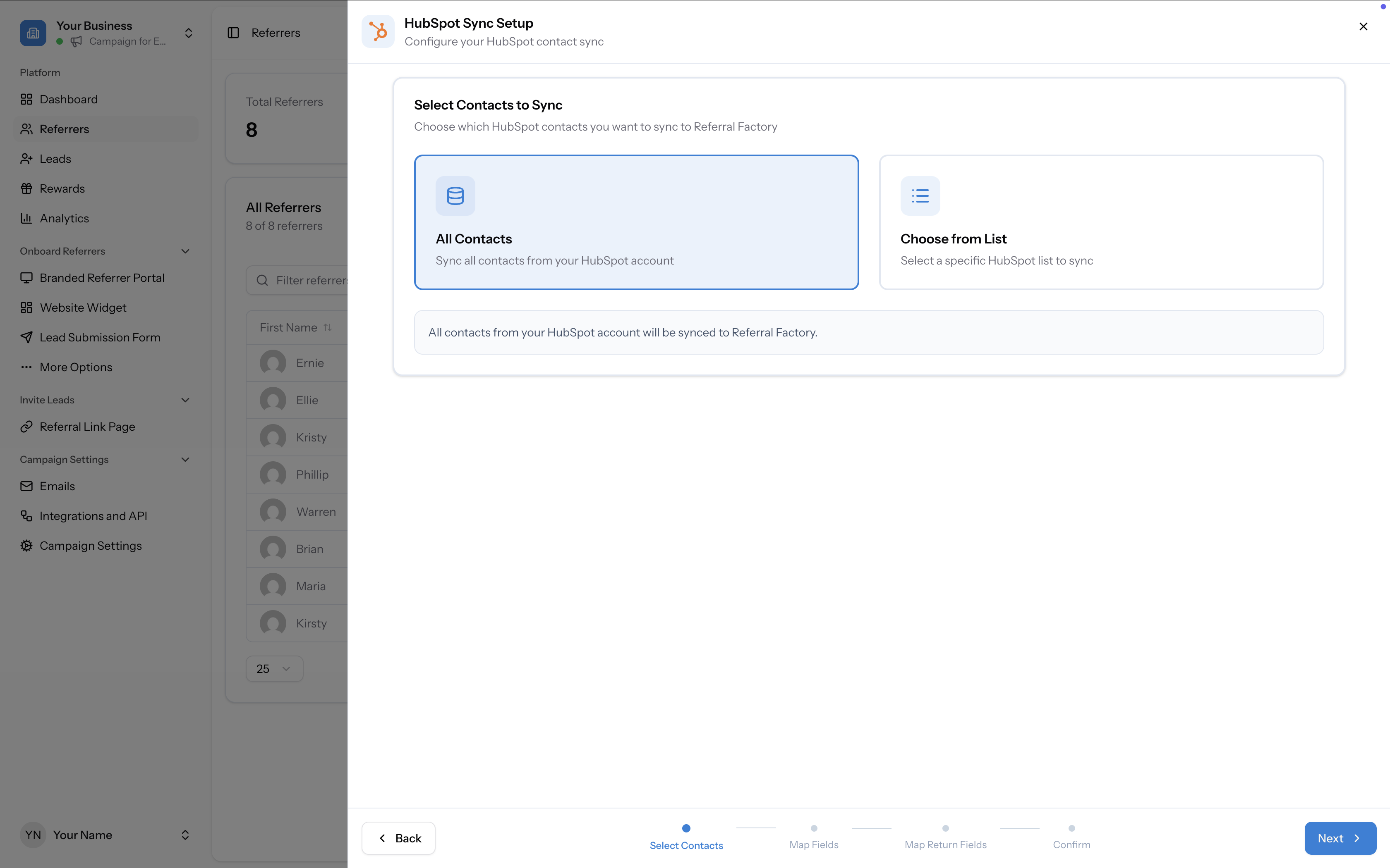 HubSpot Sync Setup — Select Contacts step showing All Contacts and Choose from List options