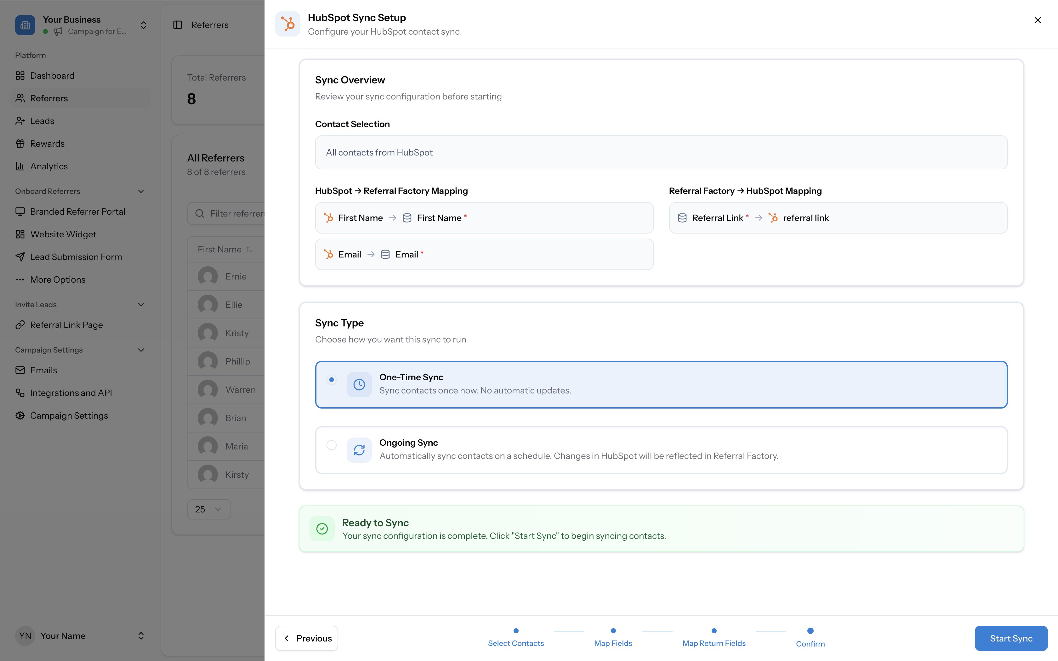 Confirm step — Sync Overview showing Contact Selection, both field mappings, and Sync Type options
