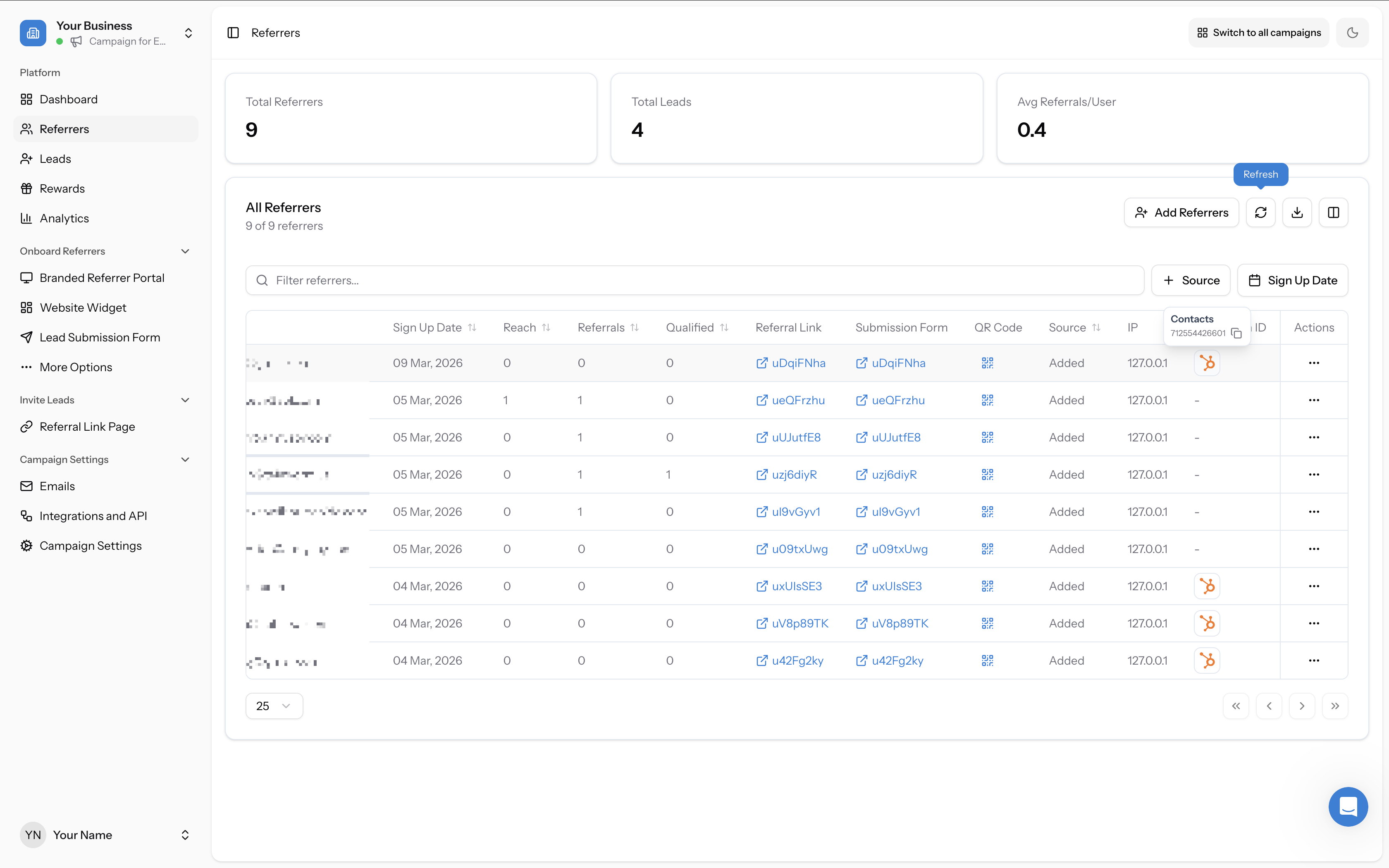 Referrers table showing synced contacts with HubSpot icons in the Contacts column