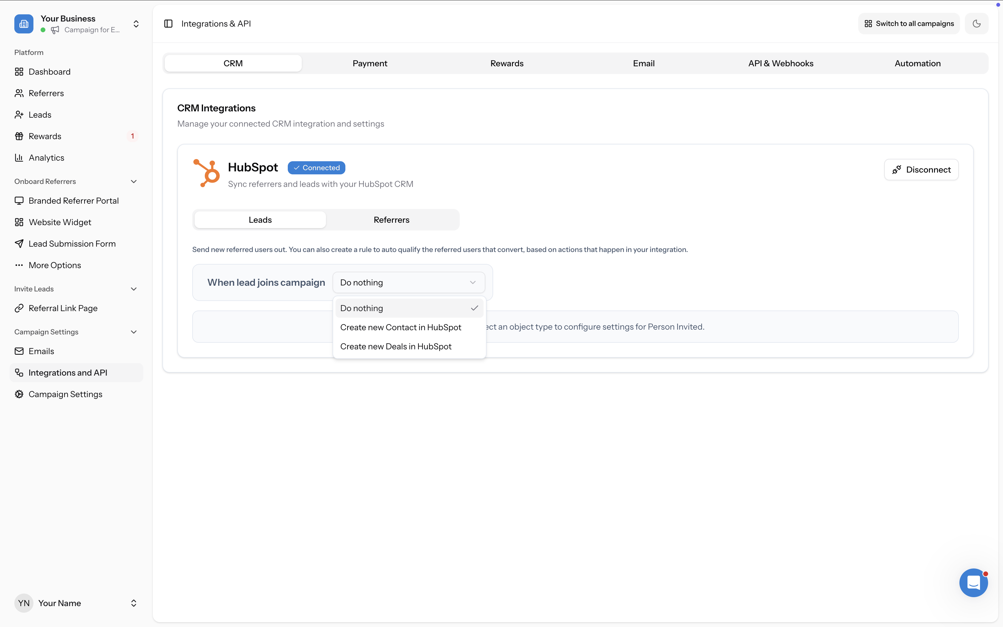 Leads tab showing "When lead joins campaign" dropdown