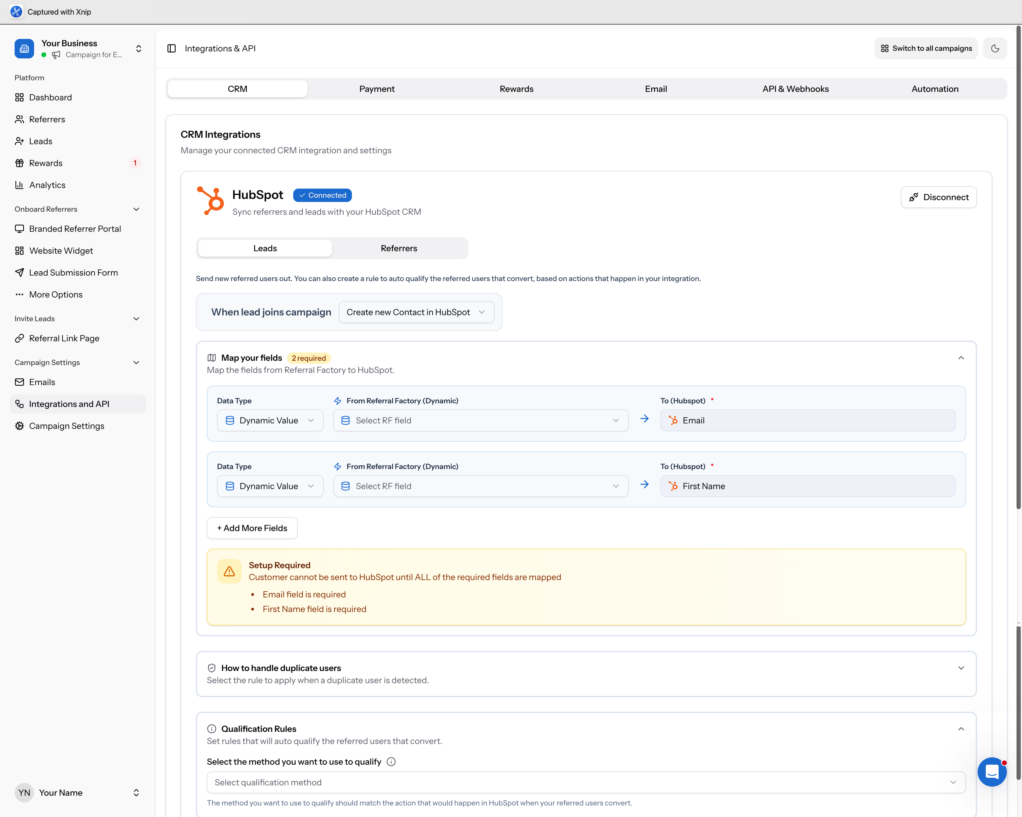 Map your fields section showing two required rows: Email → Email and First Name → First Name, with orange required badge and Setup Required warning banner
