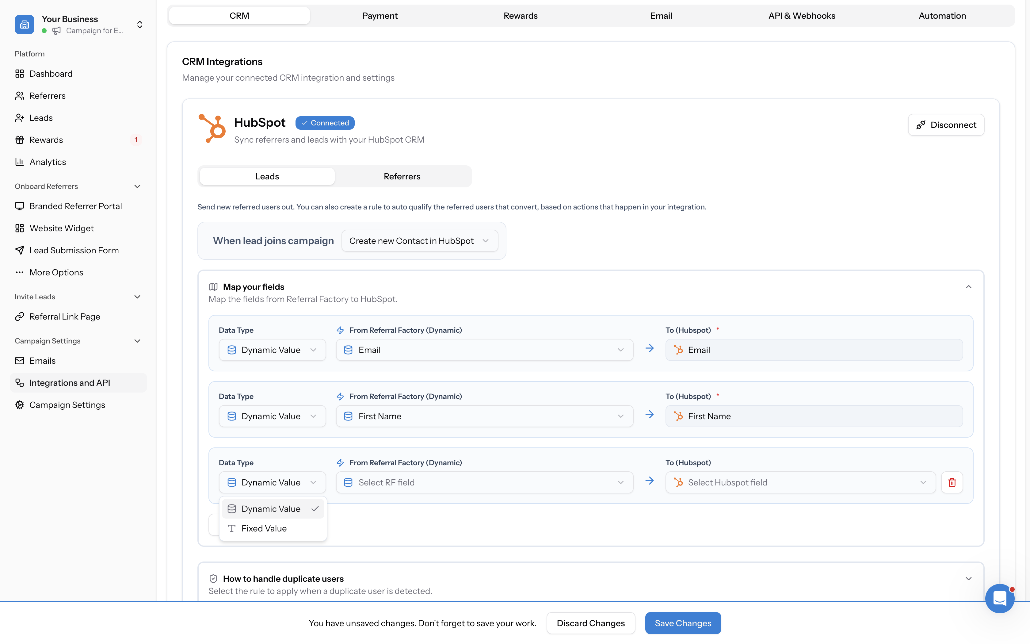 Data Type dropdown showing Dynamic Value (checked) and Fixed Value options