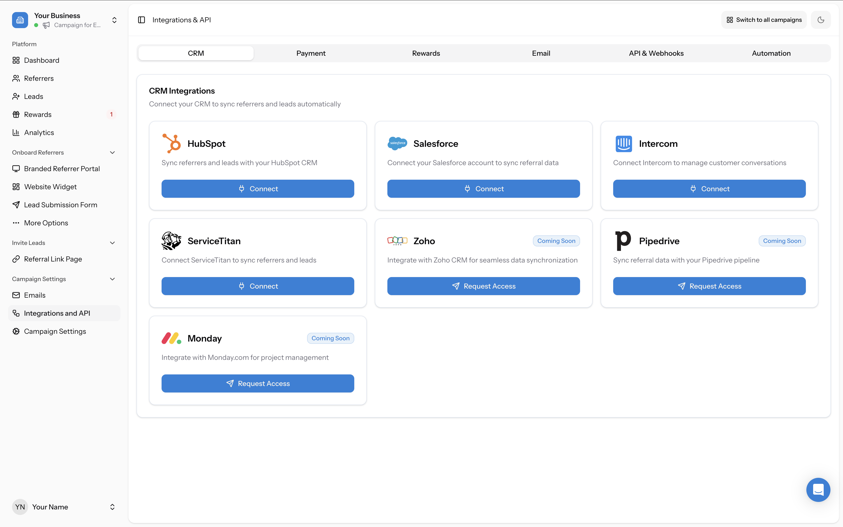 Integrations &amp; API page showing the six tabs — CRM, Payment, Rewards, Email, API &amp; Webhooks, and Automation