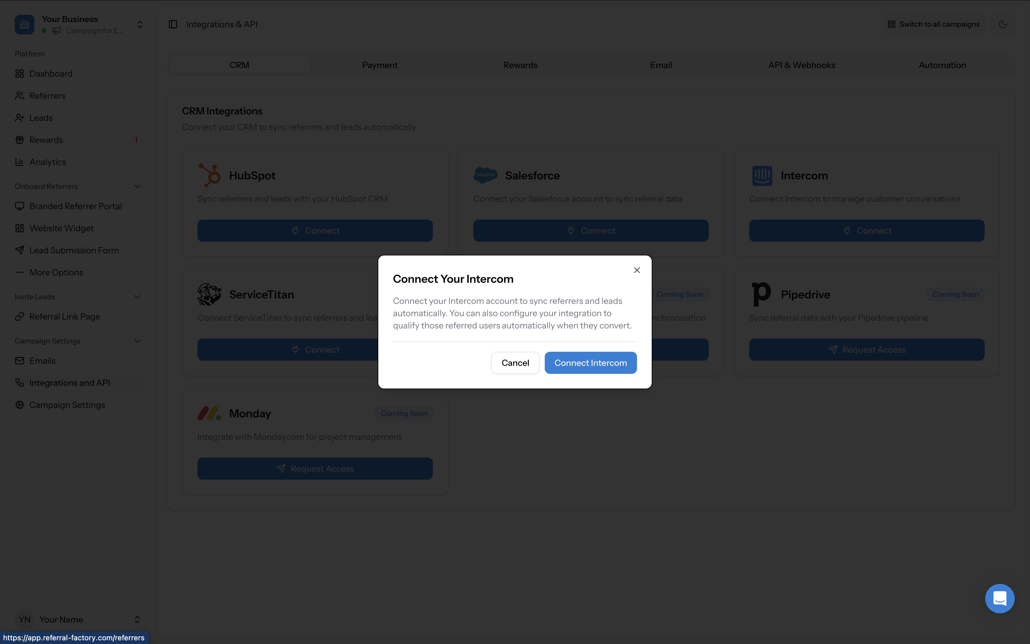 CRM tab showing Intercom tile with Connect Your Intercom modal