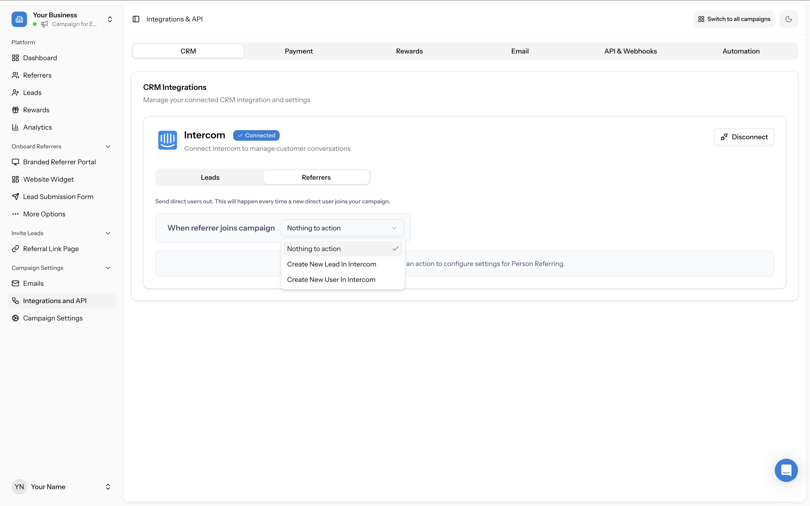 Referrers tab showing action dropdown with three options