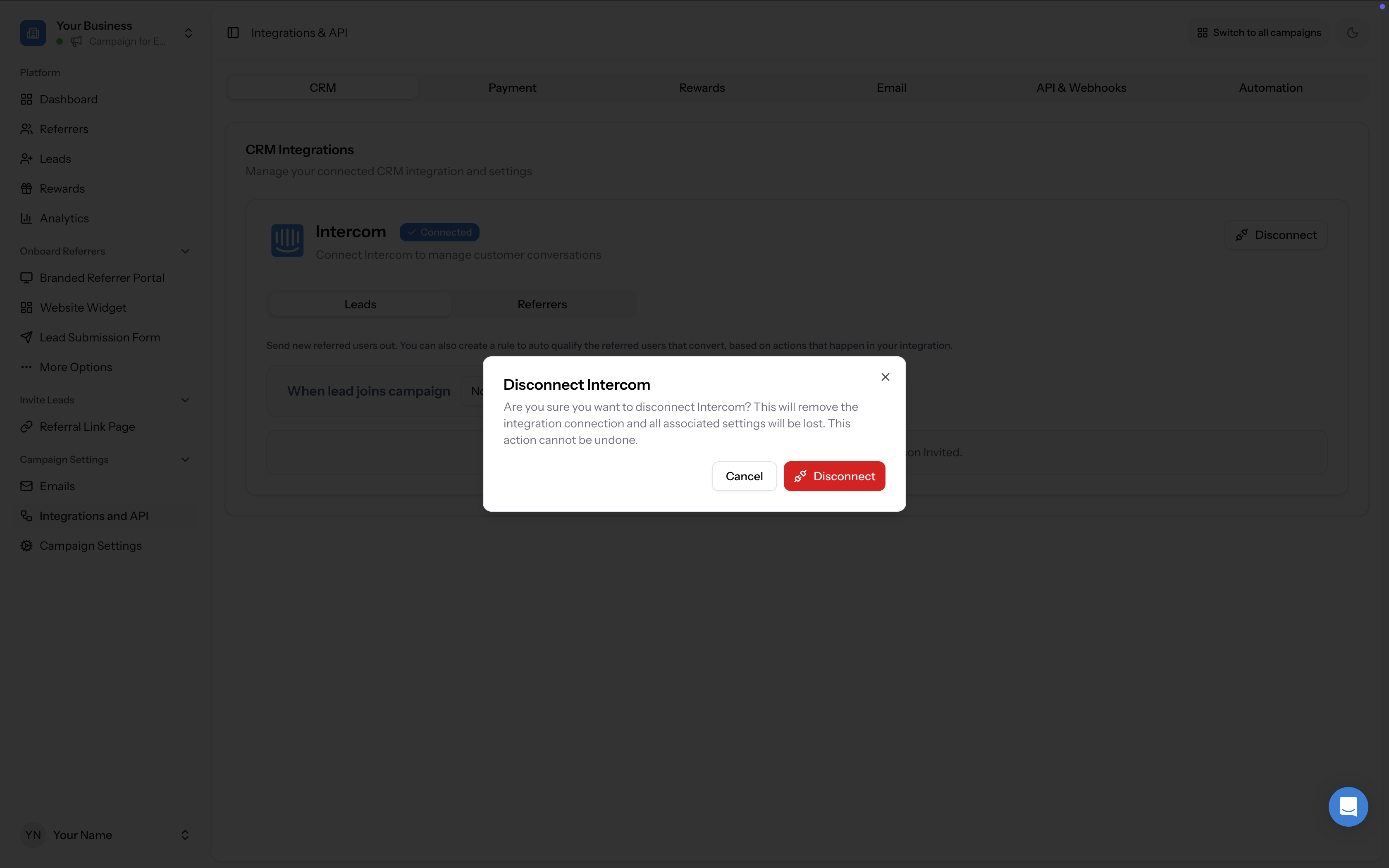 Disconnect confirmation modal warning that settings will be lost