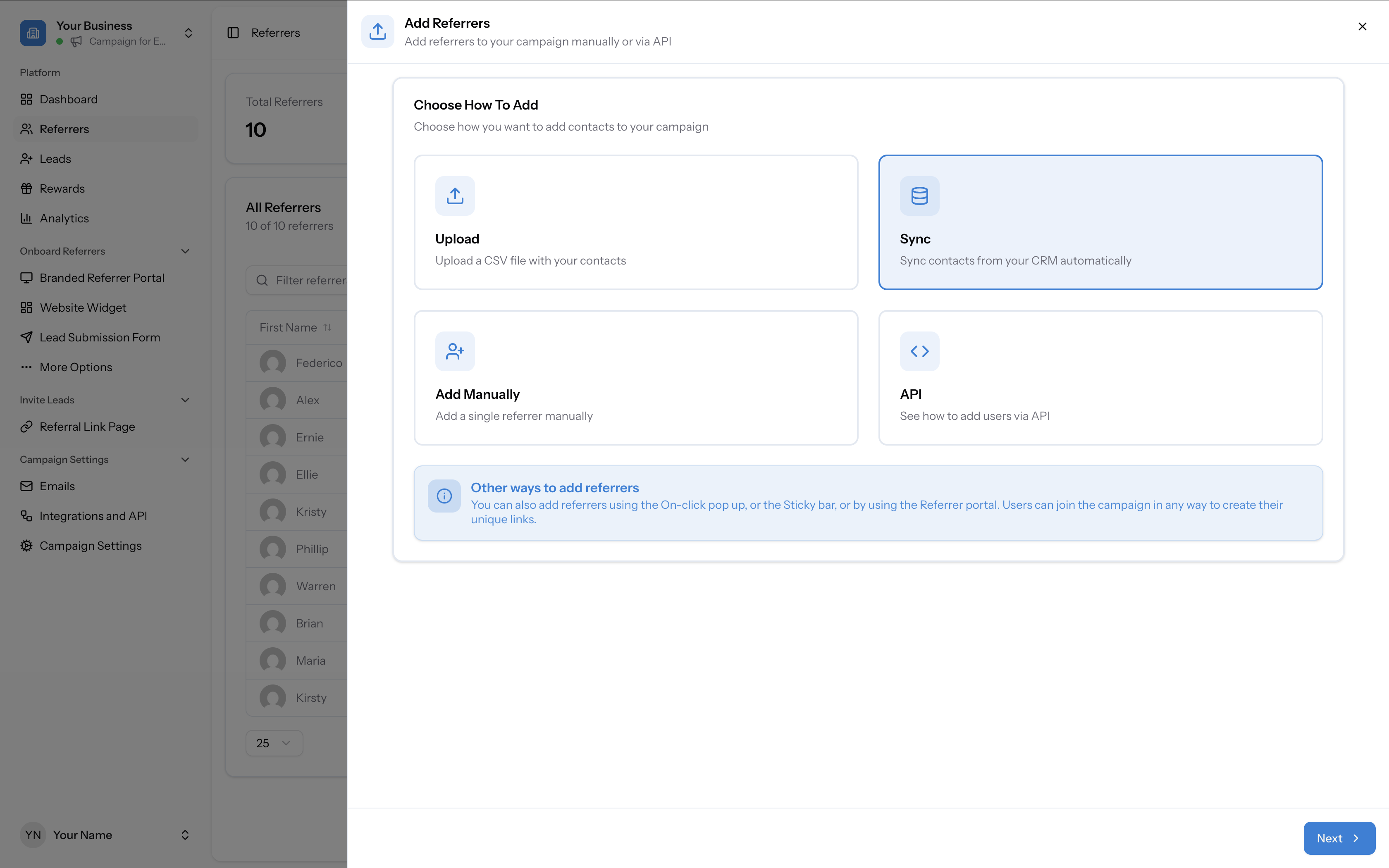 Add Referrers modal showing Upload, Sync, Add Manually, and API options