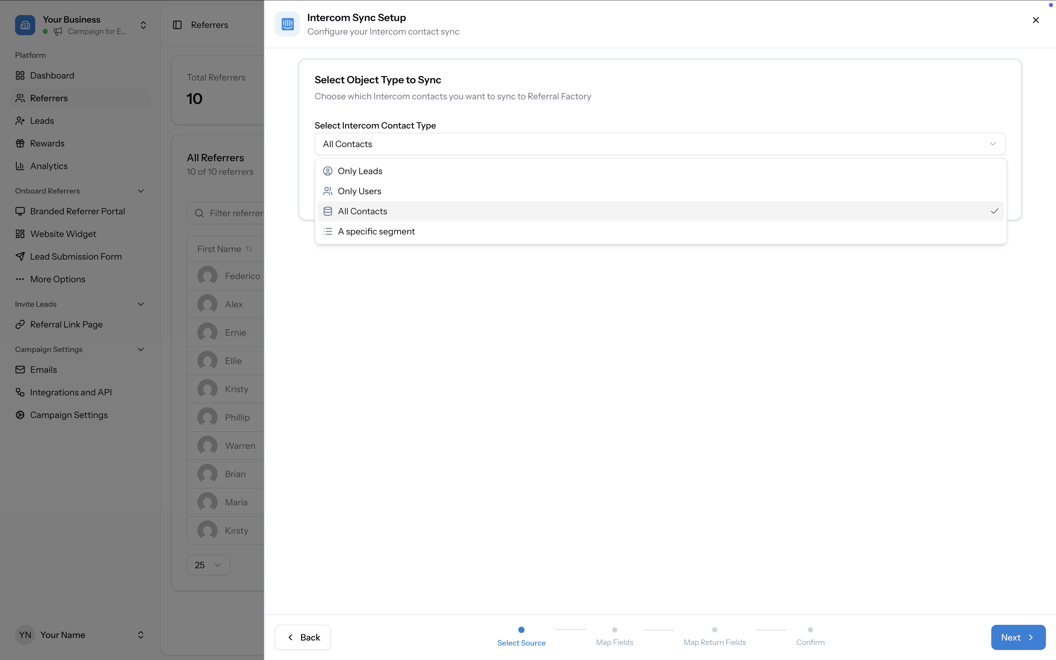 Contact type dropdown showing all four options