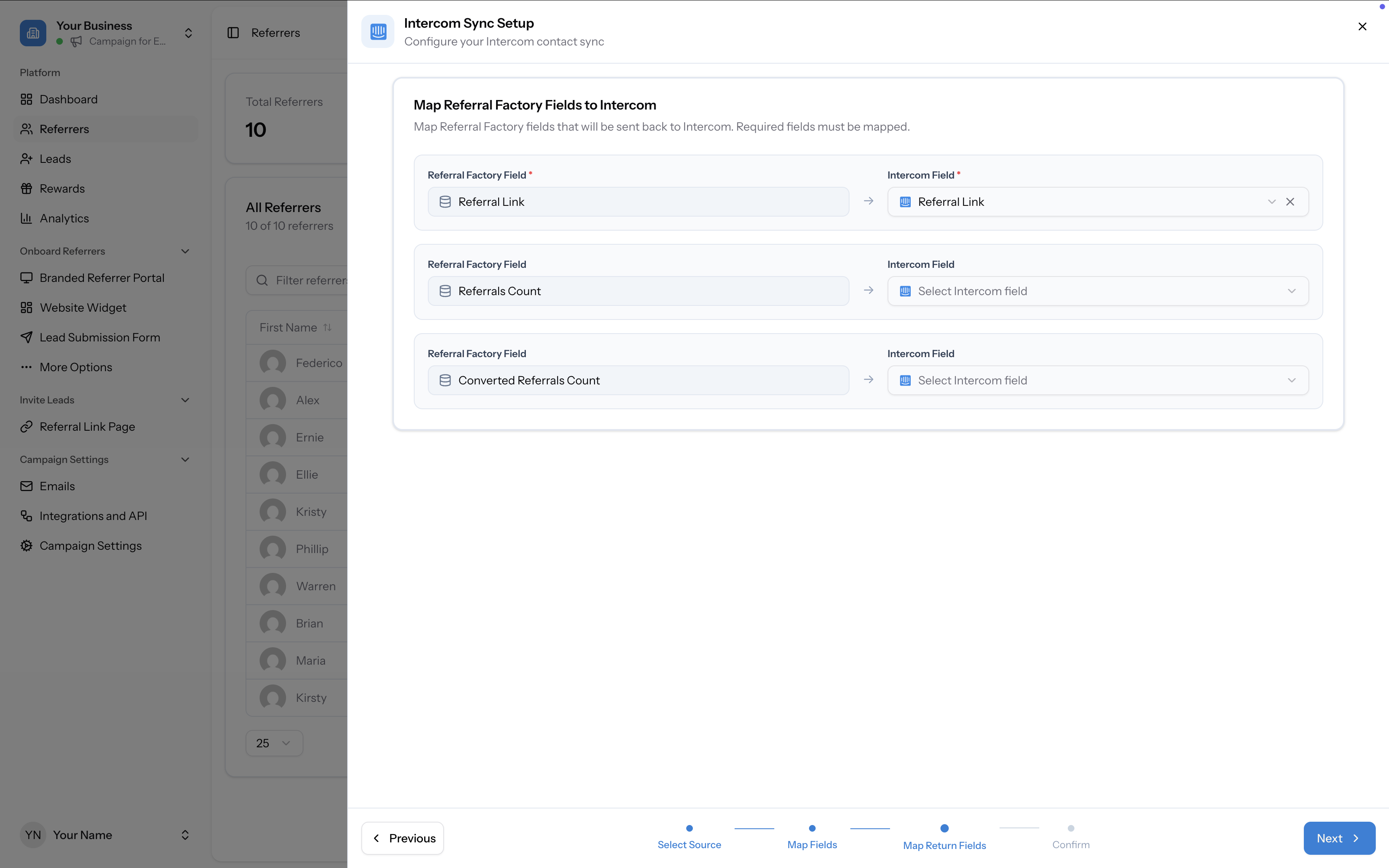Map Referral Factory Fields to Intercom showing return field options