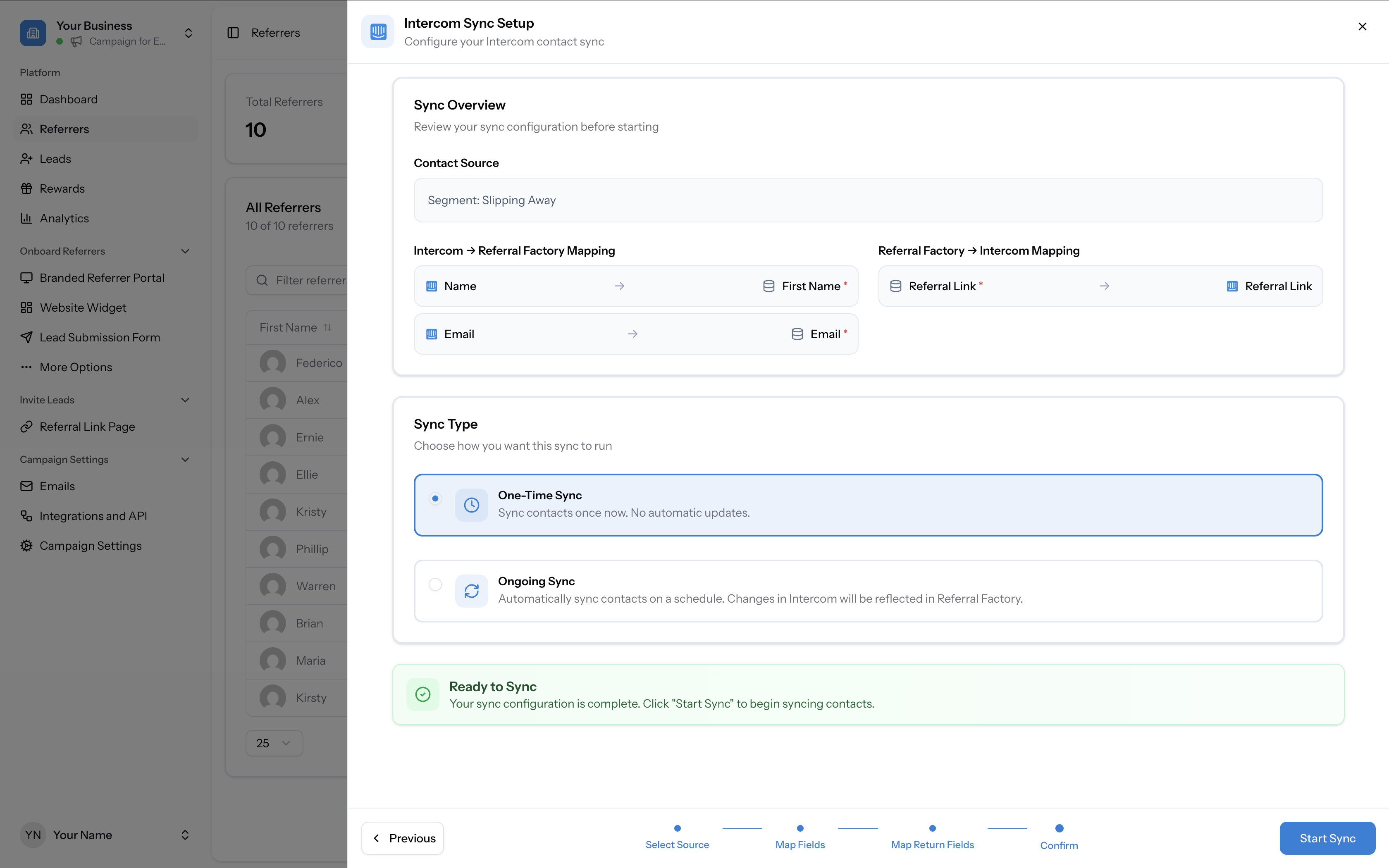 Sync confirmation page showing One-Time Sync and Ongoing Sync options