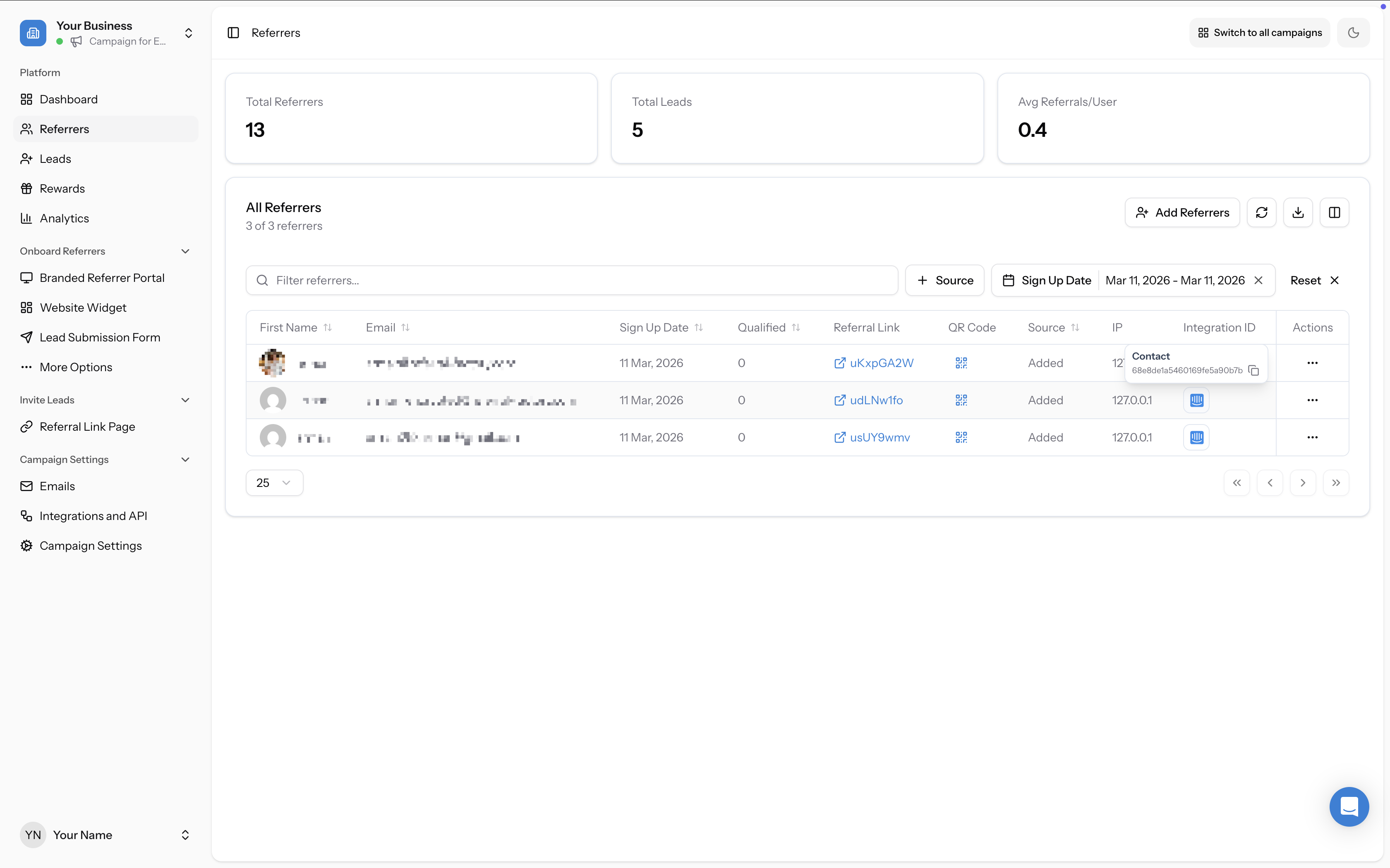 Referrers page showing synced contacts with Integration ID column