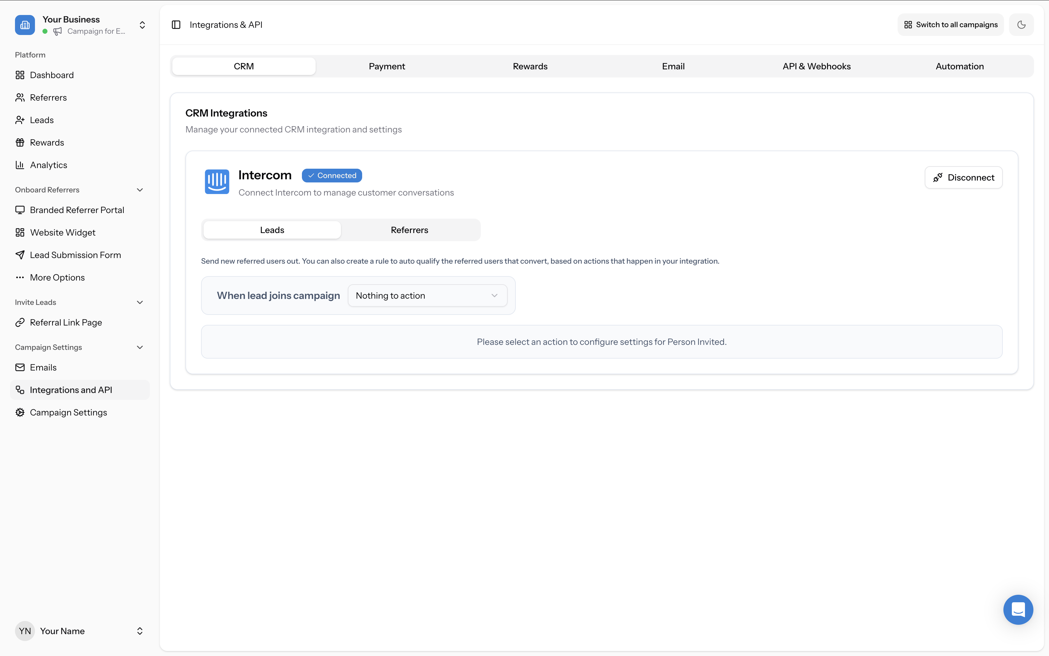 Connected Intercom panel showing Leads and Referrers tabs with action dropdown